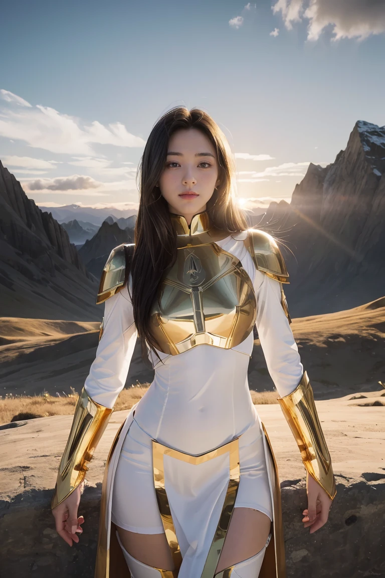 ((masterpiece, best quality, extremely detailed), volumetric lighting, ambient occlusion, colorful, glowing), 1girl, solo, young girl, (dark hair), long hair, halo, aura, sacred, goddess, cleric suit, (white outfit with gold detailst:1.3), armor, outdoors, sunset, sky, clouds, space, (fantasy theme:1.2), full armor