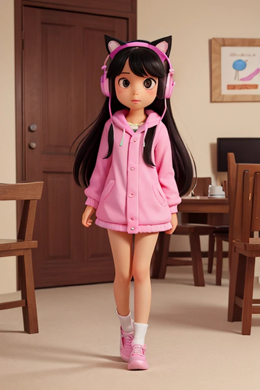 Girl named ChauMoe, 25 years old, long straight black hair, wearing pink cat ear headphones. Full body shot, in the style of cartoonish illustrations
