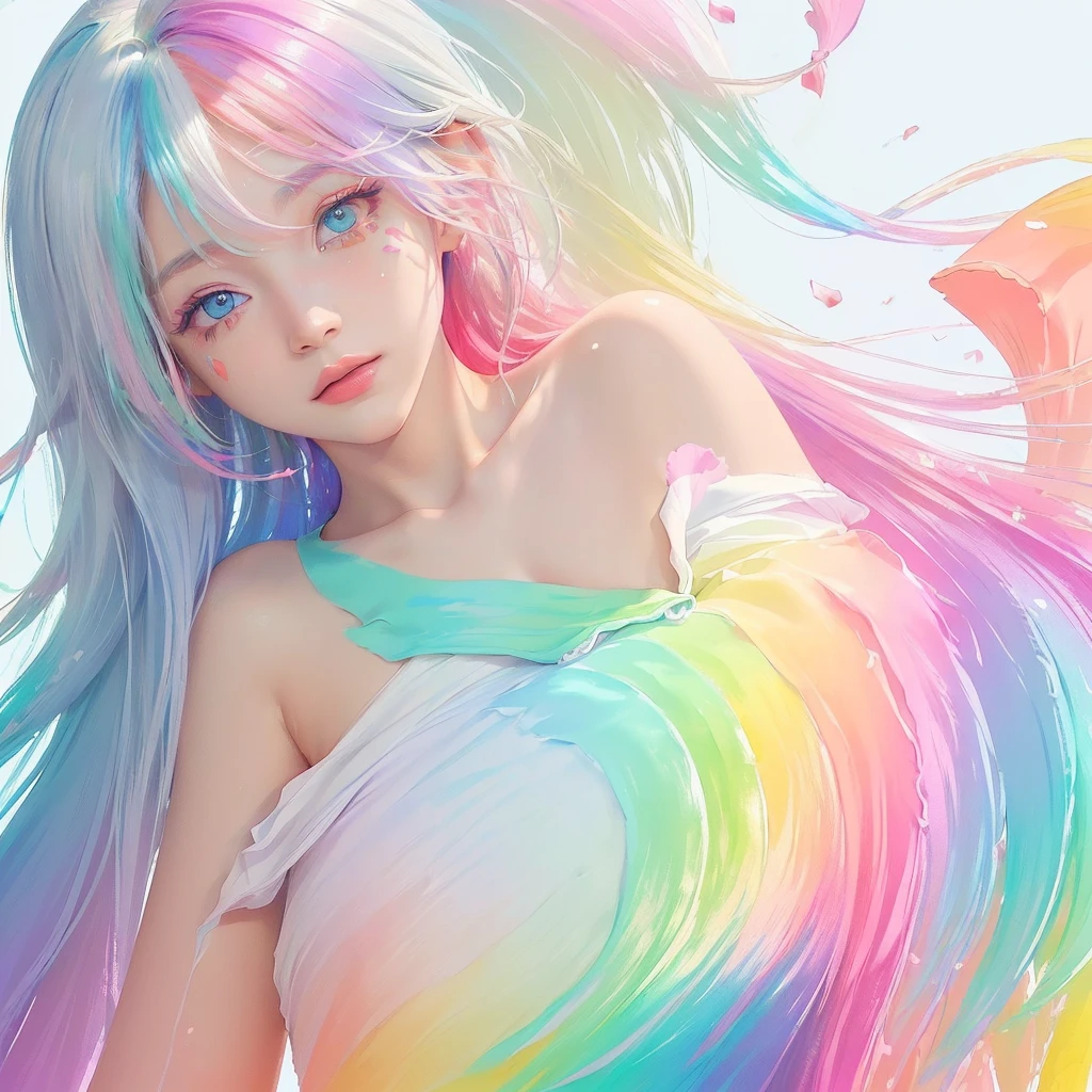 (Pink Fashion T-shirt:1.9),(Colorful hair: 1.8), (all the colours of the rainbow: 1.8),(((((vertical painting:1.6))), (painting:1.6),front, comics, illustrations, paintings, large eyes, crystal clear eyes,( rainbow color gradient high ponytail:1.7), exquisite makeup, closed mouth,(Small Fresh: 1.5),(Wipe Chest: 1.6) ,long eyelashes, white off shoulder T-shirt, White Shoulder Shirt,looking at the audience, large watery eyes, (rainbow colored hair:1.6), color splash, (solo:1.8), color splash, color explosion, thick paint style, messy lines, ((shining)),(colorful), (colorful), (colorful), colorful, Thick Paint Style, (Splash) (Color Splash), Vertical Painting, Upper Body, Paint Splash, Acrylic Pigment, Gradient, Paint, Highest Image Quality, Highest Quality, Masterpiece, Solo, Depth of Field, Face Paint, colorful clothes, (Elegant: 1.2), gorgeous,long hair, wind, (Elegant: 1.3), (Petals: 1.4),(((masterpiece))),(((best quality))),((ultra-detailed)),(illustration),(dynamic angle),((floating)),(paint),((disheveled hair)),(solo),(1girl) , (((detailed anima face))),((beautiful detailed face)),collar,bare shoulders,white hair, ((colorful hair)),((streaked hair)),beautiful detailed eyes,(Gradient color eyes),(((colorful eyes))),(((colorful background))),(((high saturation))),(((surrounded by colorful splashes))),all bodies, same colored back grounds,big breast,sexy