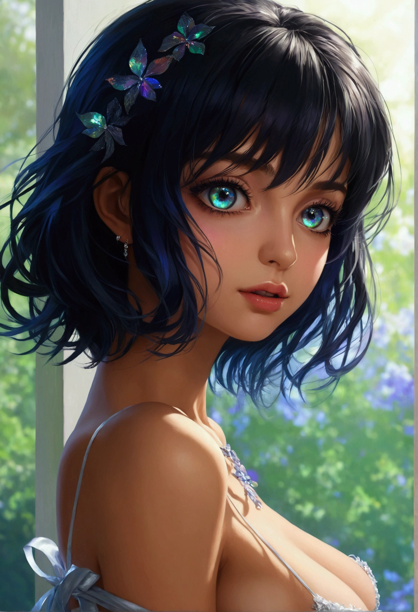 (masterpiece), best quality, expressive eyes, perfect face, Girl,long dark iridescent hair, iridescent eyes, small waist, medium chest, large thighs skimpy outfit, sexy pose