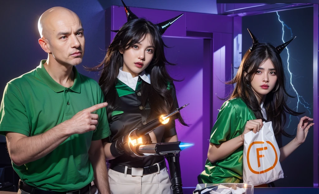 The image displays three characters in a dramatic, narrative-driven setting. On the left, a bald man in a green polo shirt gestures assertively. In the center, a character dressed in a dark, collared shirt with futuristic and gothic elements, including horn-like hair accessories and a robotic arm holding a glowing gun, contributes a sci-fi touch. To the right, another character in a similar style but with a distressed expression clutches a bag marked with a bold "F," hinting at a thematic element of failure or defeat. The vivid blue and purple background, along with dramatic lightning, intensifies the scene, suggesting a confrontation or significant story moment. The overall composition of the image is both eye-catching and charming, effectively conveying a sense of joy and creativity.ffects render, (glossy plastic texture with multiple big light probe refractions), perfect cgi, smooth silhouette, high intensity refraction, (super glossy plastic material), most beautiful vfx, , realistic, 4k, high resolution, rim light, smooth 3d model, multiple light sources, rim light, sharp post effects render,, realistic, 4k, high resolution, rim light detailed digital art, reflective, best quality, 4k, masterpiece:1.2, ultra-detailed, realistic, vivid colors, The image of the highest quality, ensuring every detail showcased perfectly. It in 4k resolution, allowing viewers to immerse themselves in the richness of the colors and intricate details. The realistic rendering. under the spotlight, reflecting, high-resolution image, realistic rendering