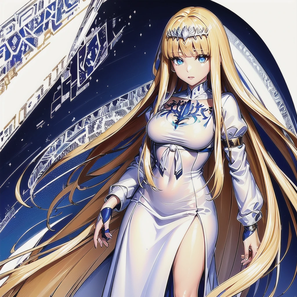 masterpiece, best quality, paint splatter, a looking at viewer, 1girl,solo, calca, blonde hair, ,( extremely long hair:1.2), very long hair, extra long hair, white tiara, white dress, blue eyes,Calca Bessarez, medium breast,Calca,