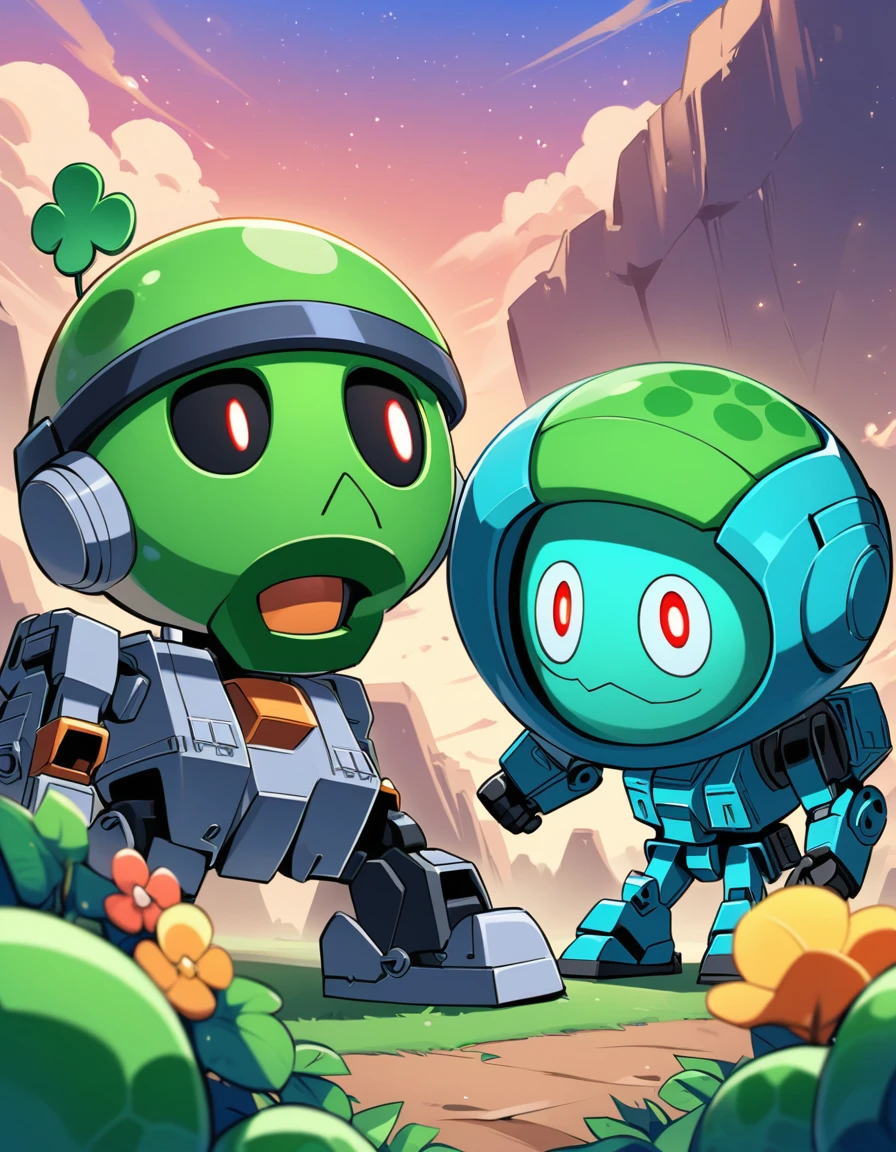 Character Giant Pea Shooter,Battle Mech Warriors,Eye contact,Plants vs. Zombies style,The Pea Shooter is the protagonist