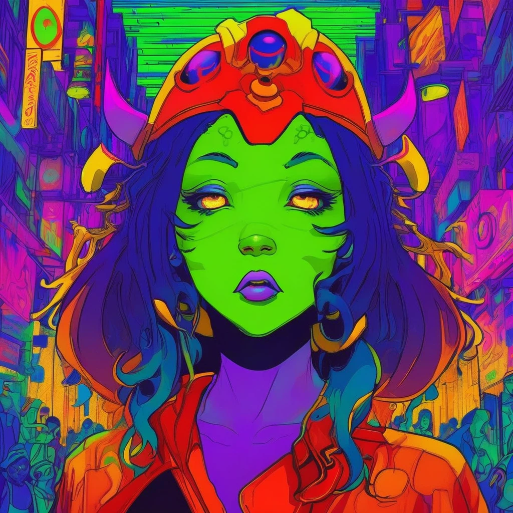 portrait | wide angle shot of eyes off to one side of frame, devil girl, demon, long long hair, looking off in distance ::8 style | daydreampunk with glowing skin and eyes, styled in headdress, beautiful evil, she is dripping in neon warm neon lights, very colorful yellow, red, green, orange, glowing ::8 background | cyberpunki alley, vivid neon wonderland, sparkles, particles, blue, green, purple ::7 parameters | rule of thirds, golden ratio, assymetric composition, hyper- maximalist, octane render, photorealism, cinematic realism, unreal engine, 8k