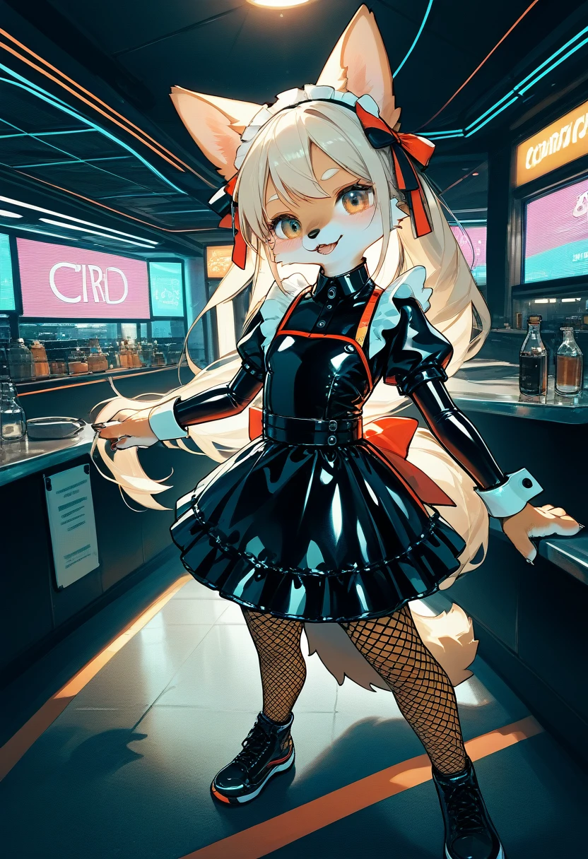 Highest quality, Highest quality, High quality illustrations, masterpiece, Ultra-high resolution, Detailed Background, cyber cafe, Bottle, Absurd, Perfect Anatomy, performance, Good lighting, Shadows in the movies(kemono, Furry Personifi猫ion), Rubber suit, Rubber suit, latex, neon, neonライト, neonカラー, Fishnet tights, Maid clothes, ribbon, juvenile, From above