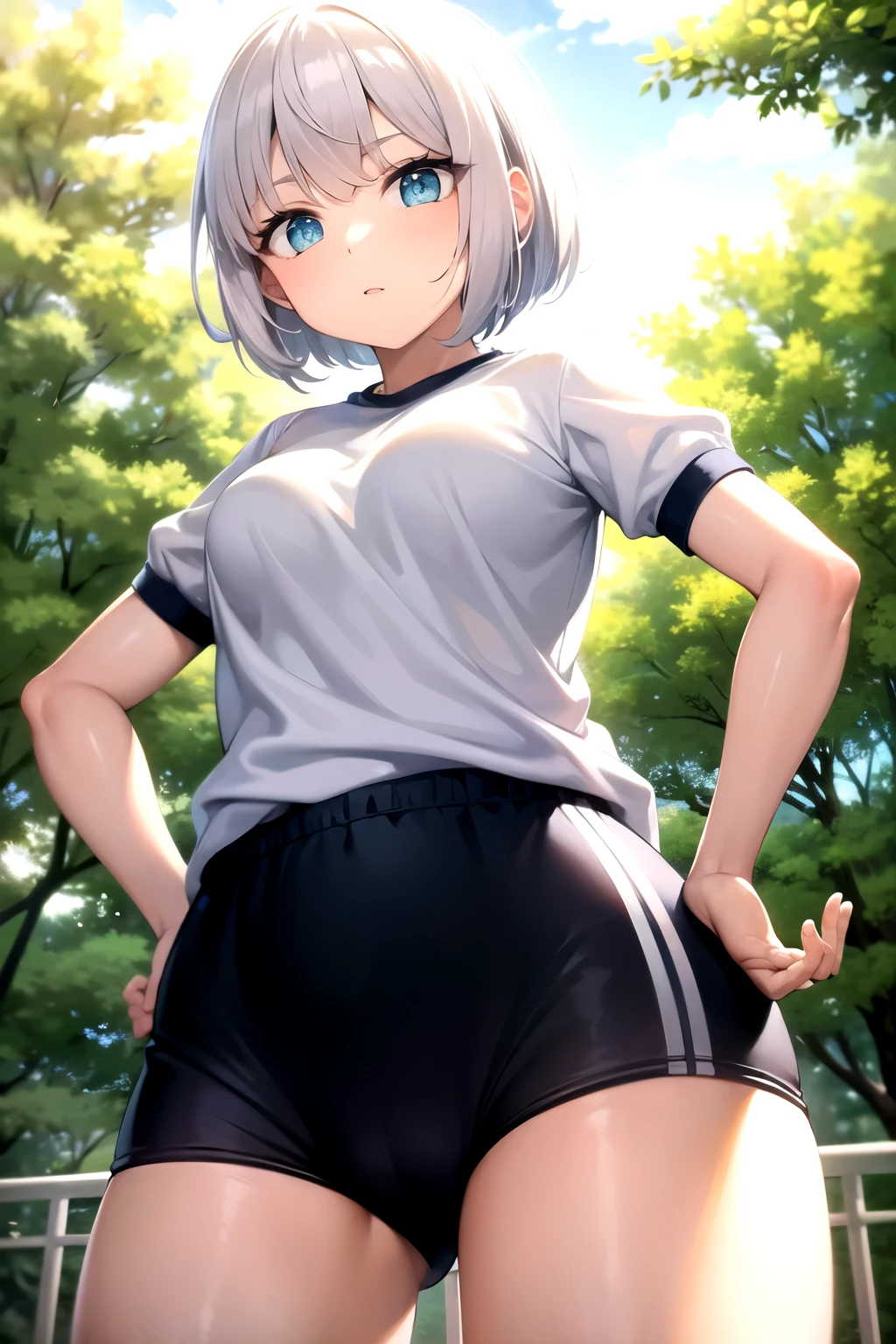 buruma, black buruma, (White short-sleeved gym uniform), School, Ground, sports festival, ((Highest quality)), ((masterpiece)), (detailed), Perfect Face, Perfect Arms, Perfect hands, Perfect Fingers, anime, Ultra-fine illustration, ((1 person)), Cute Girls, Place your hands on your hips, Blue Eyes, Blonde, (Beli Shorthair:1.4), bangs, Proud look, Shooting from below, Cowboy Shot, Outdoor,