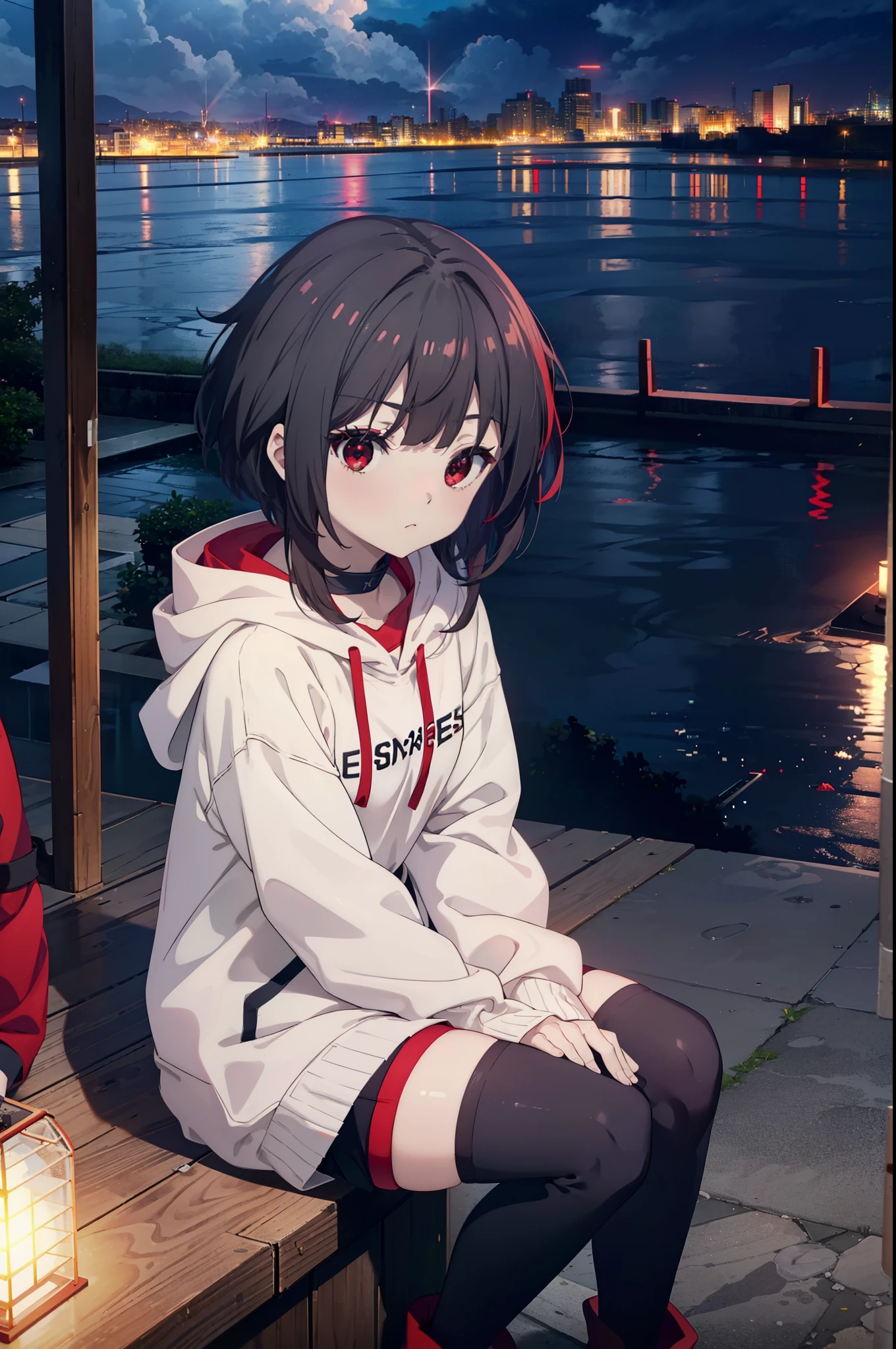 konosubaMegumin, Megumin, short hair, Black Hair, (Red eyes:1.3), short hair with long locks,Oversized red hoodie,Baseball hats,Shorts,White pantyhose,short boots,night,rain,cloudy,Hiding in a roofed building,Sitting on the stairs,whole bodyがイラストに入るように,
break indoors ,Alley,
break looking at viewer, whole body,
break (masterpiece:1.2), Highest quality, High resolution, unity 8k wallpaper, (figure:0.8), (Beautiful attention to detail:1.6), Highly detailed face, Perfect lighting, Highly detailed CG, (Perfect hands, Perfect Anatomy),