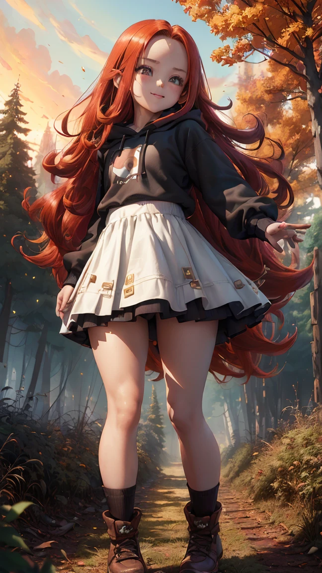 Young girl, (), (little body, small height), (petite girl: 1.35), (adorable face), (big forehead: 1.2), she has a long flowing hair, (red hair: 1.35), (long hair: 1.35), asian features, (brown eyes: 1.35), brown light eyes, (white skin: 1.35), beautiful detailed eyes, cute young girl, (flat chest: 1.35), (((wearing black skirt, a baggy black hoddie and Over-the-knee socks))), high quality clothes, clothes, high resolution, (detailed clothes), (loose hoddie: 1.35), (autumn forest, sunset, warm light background))), cute, daring girl, (detailed background), (full detailed 8k), (perfectly detailed face), (enhance anatomy), vfx, highres, sharp, focus, (photorealistic artwork: 1.35), (extremely detailed CG unity 8k wallpaper), (((vibrant colors, vibrant theme))), (dynamic pose: 1.5), cool vibes, fashion girl, happy, flirting expression, coquette, (playful attitude), smiling, happy, adorable small gir