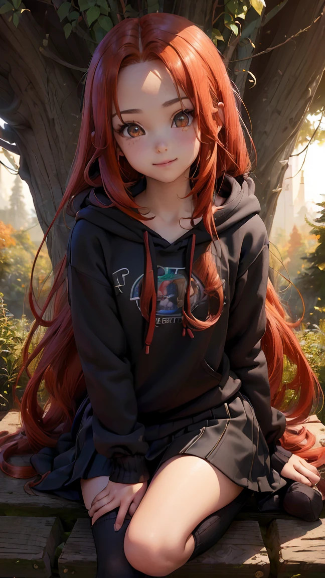 Young girl, (8 years old), (little body, small height), (petite girl: 1.35), (adorable face), (big forehead: 1.2), she has a long flowing hair, (red hair: 1.35), (long hair: 1.35), asian features, (brown eyes: 1.35), brown light eyes, (white skin: 1.35), beautiful detailed eyes, cute young girl, (flat chest: 1.35), (((wearing black skirt, a baggy black hoddie and Over-the-knee socks))), high quality clothes, clothes, high resolution, (detailed clothes), (loose hoddie: 1.35), (autumn forest, sunset, warm light background))), cute, daring girl, (detailed background), (full detailed 8k), (perfectly detailed face), (enhance anatomy), vfx, highres, sharp, focus, (photorealistic artwork: 1.35), (extremely detailed CG unity 8k wallpaper), (((vibrant colors, vibrant theme))), (dynamic pose: 1.5), cool vibes, fashion girl, happy, flirting expression, coquette, (playful attitude), smiling, happy, adorable small gir