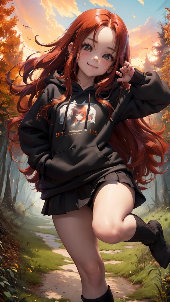 Young girl, (8 years old), (little body, small height), (petite girl: 1.35), (adorable face), (big forehead: 1.2), she has a long flowing hair, (red hair: 1.35), (long hair: 1.35), asian features, (brown eyes: 1.35), brown light eyes, (white skin: 1.35), beautiful detailed eyes, cute young girl, (flat chest: 1.35), (((wearing black skirt, a baggy black hoddie and Over-the-knee socks))), high quality clothes, clothes, high resolution, (detailed clothes), (loose hoddie: 1.35), (autumn forest, sunset, warm light background))), cute, daring girl, (detailed background), (full detailed 8k), (perfectly detailed face), (enhance anatomy), vfx, highres, sharp, focus, (photorealistic artwork: 1.35), (extremely detailed CG unity 8k wallpaper), (((vibrant colors, vibrant theme))), (dynamic pose: 1.5), cool vibes, fashion girl, happy, flirting expression, coquette, (playful attitude), smiling, happy, adorable small gir