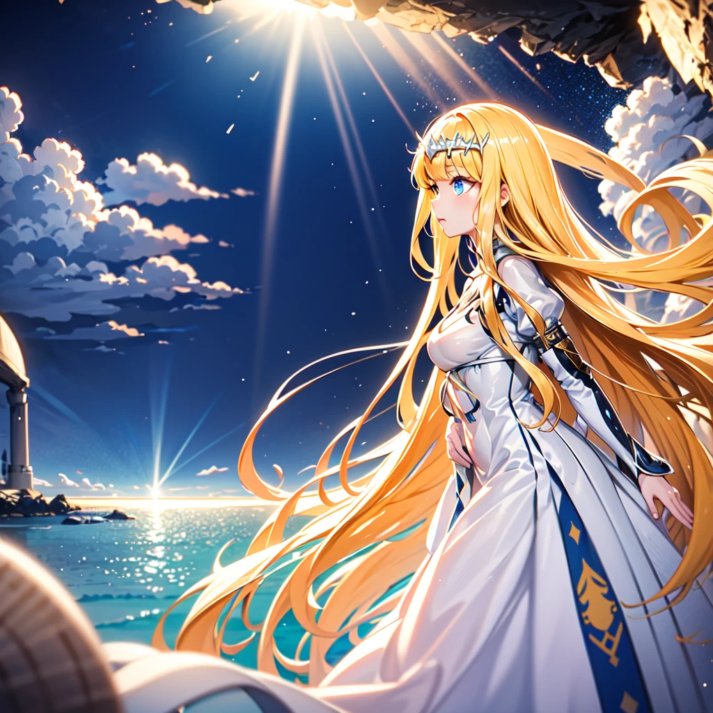 , wallpaper, landscape,, depth of field, night, light particles, light rays, side lighting, cloud, 1girl,solo, calca, blonde hair, ,( extremely long hair:1.2), very long hair, extra long hair, white tiara, white dress, blue eyes,Calca Bessarez, medium breast,Calca,