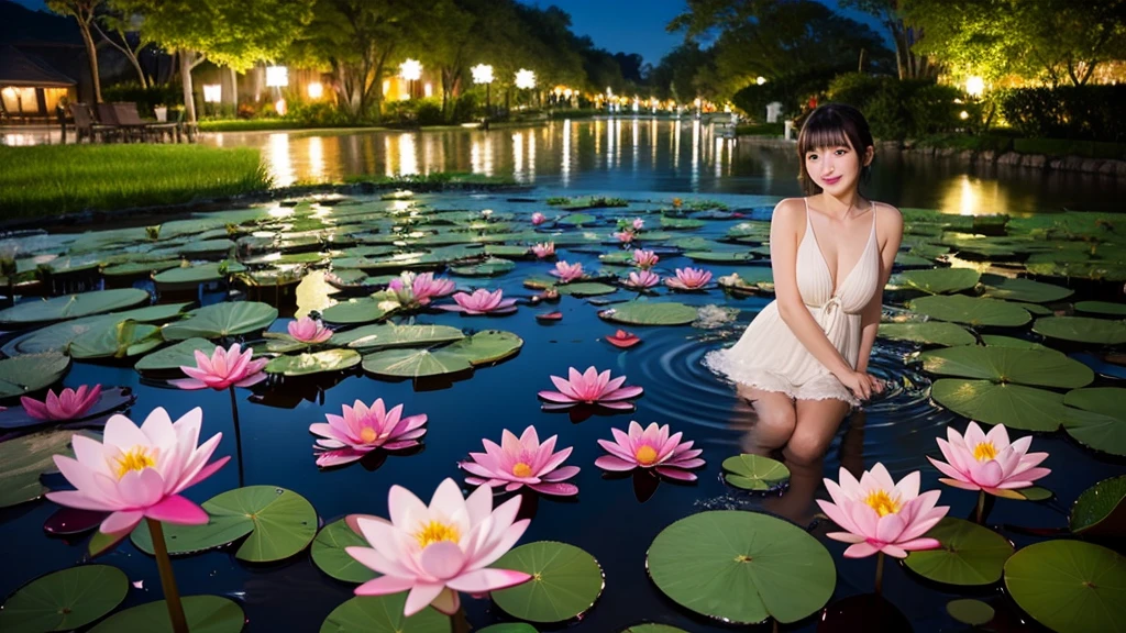 Water lilies are blooming、night、moon、White-haired woman、20-year-old