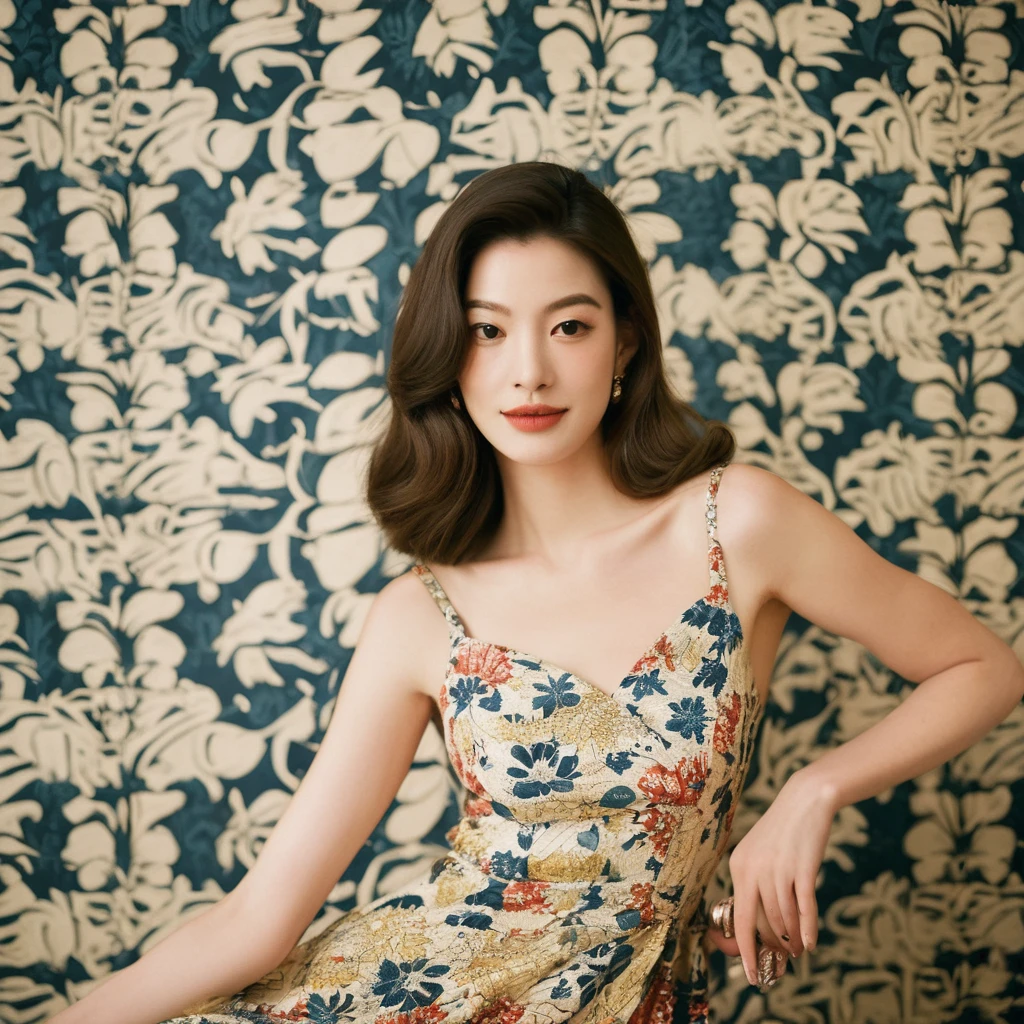 portrait of a a gorgeous young giggling blonde beautiful face Korean girls, still from the film, ((solo)), (Anne Hathaway look alike face: 0.9), in a vintage retro 60s print dress, wearing high heels, posing in front of a pretty 60s wallpaper pattern, Leica SL3, Summicron-SL 75 f/2 ASPH, kodak gold 200 film, bare shoulder, dynamic action pose,