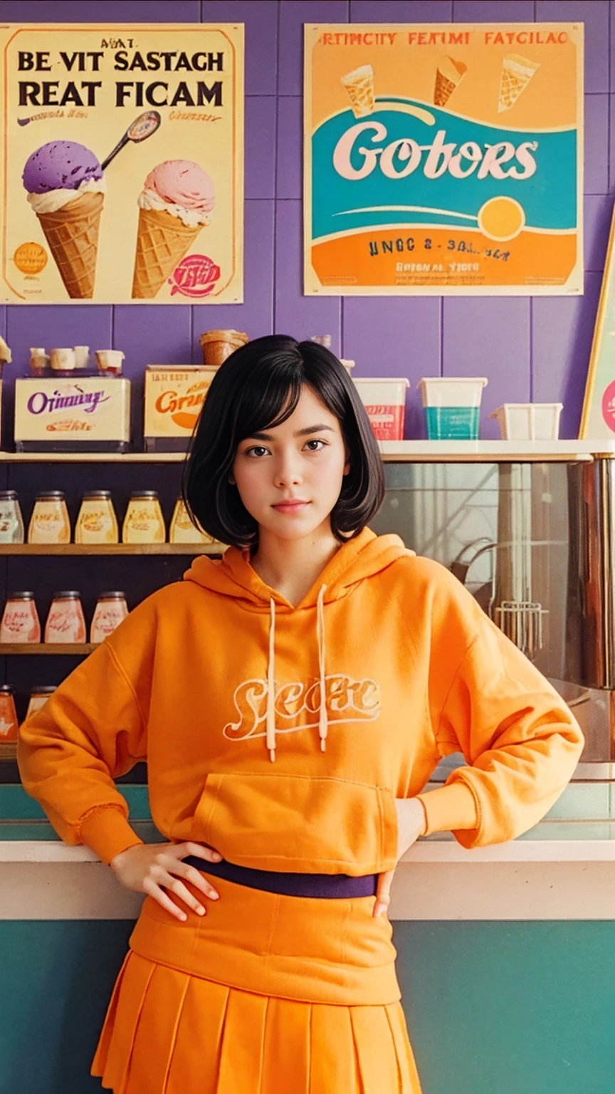 35mm Vintage photo of long shot portrait of cute 23 yo girl ,(perfect natural breast),wear ((orange color oversized hoodie)), wear ((purple tennis skirt)),looking viewer,Best Quality,Masterpiece,Ultra High Resolution,(Realisticity:1.4),Original Photo, 1Girl, light leak,ultra high resolution,UHD,beautiful, (black bob hair), almond eye, no makeup, in front of (((A retro ice cream shop classic soda fountain counter, and vintage ice cream posters, bathed in bright sunlight))), (realistic:1.2), (surreal:1.3), (very detailed:1.1), ((masterpiece)),film camera, 800mm lens,style of ,beautiful face, (realistic face), (black hair, short hair:1.3), analog film photo, Kodachromea classic soda fountain counter, and vintage ice cream posters, bathed in bright sunlight