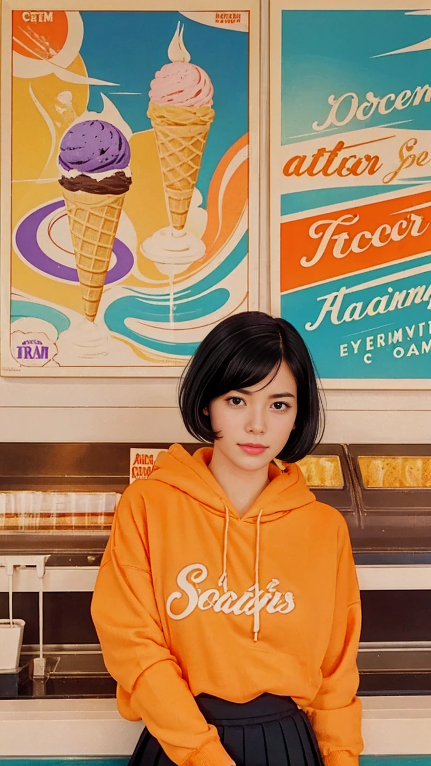 35mm Vintage photo of long shot portrait of cute 23 yo girl ,(perfect natural breast),wear ((orange color oversized hoodie)), wear ((purple tennis skirt)),looking viewer,Best Quality,Masterpiece,Ultra High Resolution,(Realisticity:1.4),Original Photo, 1Girl, light leak,ultra high resolution,UHD,beautiful, (black bob hair), almond eye, no makeup, in front of (((A retro ice cream shop classic soda fountain counter, and vintage ice cream posters, bathed in bright sunlight))), (realistic:1.2), (surreal:1.3), (very detailed:1.1), ((masterpiece)),film camera, 800mm lens,style of ,beautiful face, (realistic face), (black hair, short hair:1.3), analog film photo, Kodachromea classic soda fountain counter, and vintage ice cream posters, bathed in bright sunlight