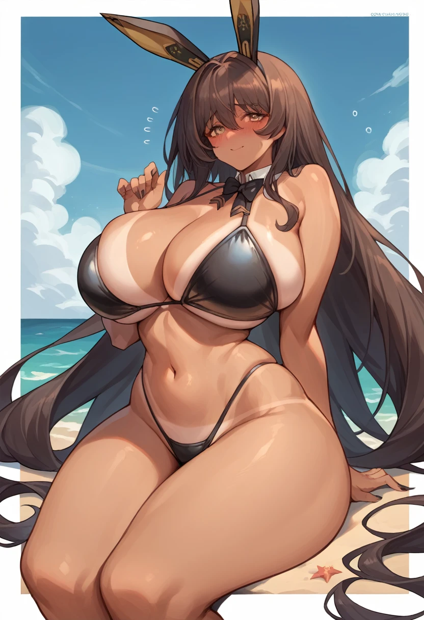 score_9, score_8_up, score_7_up, beach background, source_anime, (1girl, solo, solo focus), noir, huge breasts, wide hips, narrow waist, thick thighs, very long hair, tan, blush, shy, light smile, rabbit ears, bikini