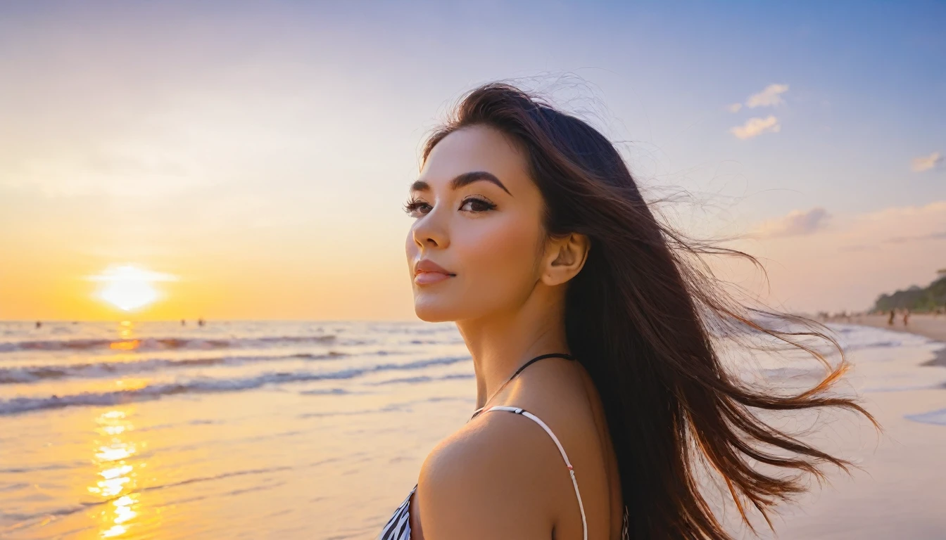 Canon EOS R7 golden hour brunette portrait beach beauty female