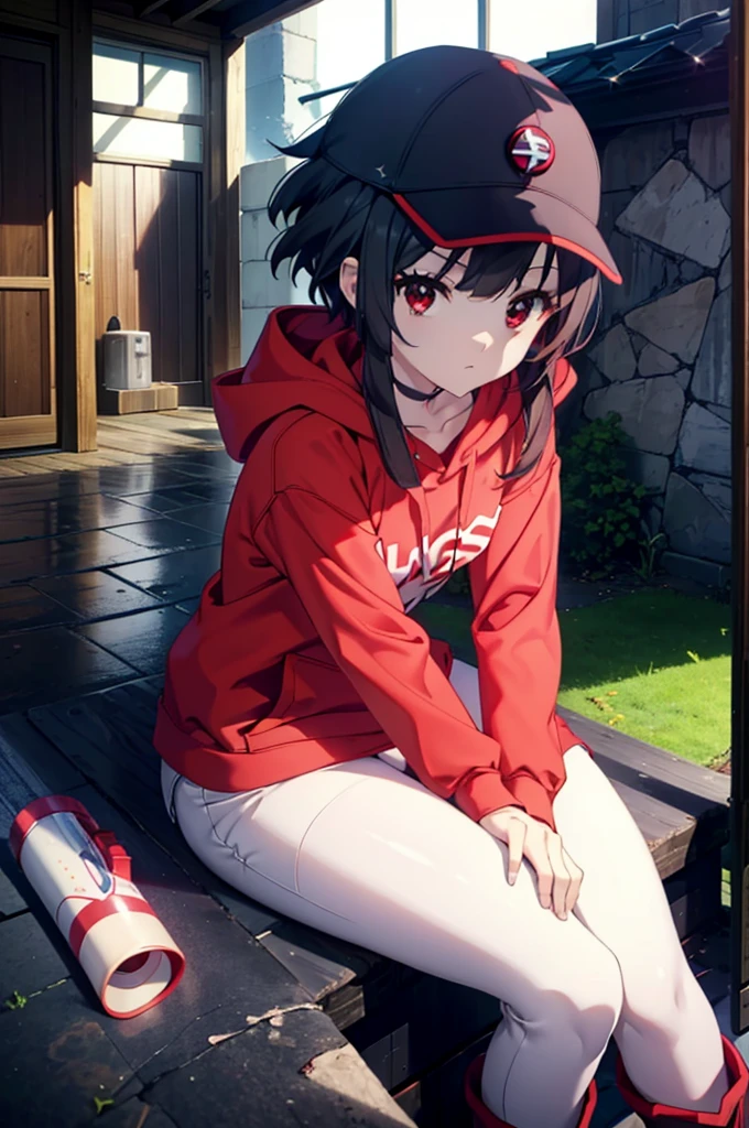 konosubaMegumin, Megumin, short hair, Black Hair, (Red eyes:1.3), short hair with long locks,Oversized red hoodie,Baseball hats,Short denim,White pantyhose,short boots,night,rain,cloudy,Hiding in a roofed building,Sitting on the stairs,whole bodyがイラストに入るように,
break indoors ,Alley,
break looking at viewer, whole body,
break (masterpiece:1.2), Highest quality, High resolution, unity 8k wallpaper, (figure:0.8), (Beautiful attention to detail:1.6), Highly detailed face, Perfect lighting, Highly detailed CG, (Perfect hands, Perfect Anatomy),