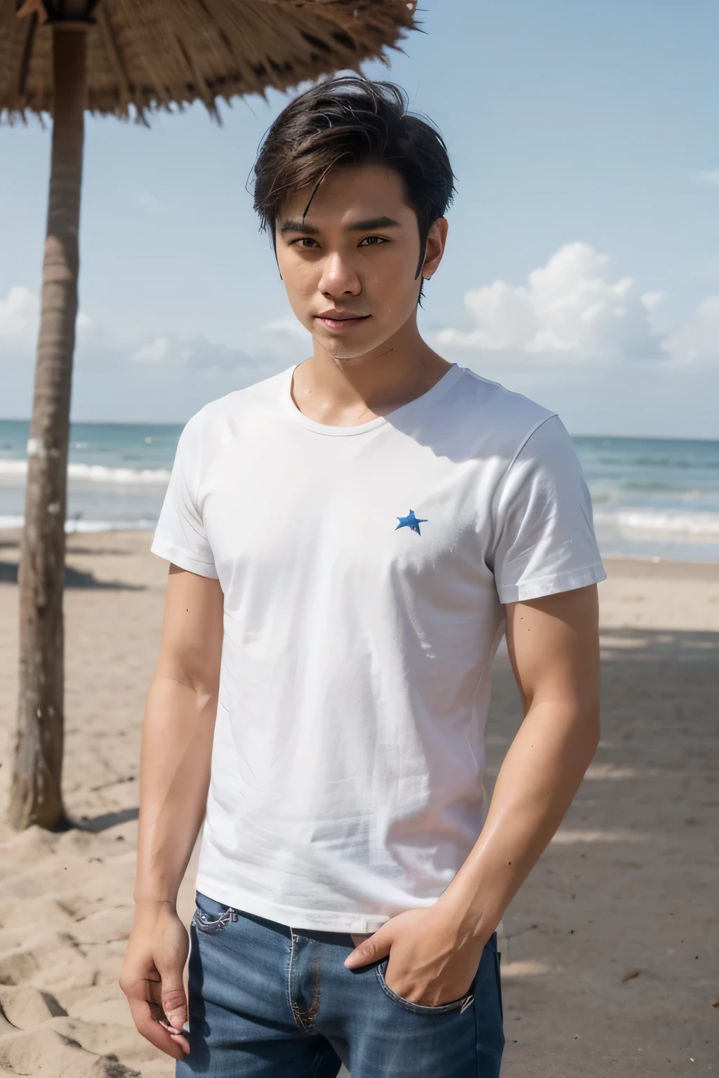 Indonesian adult male. fair skin, sharp nose, 26 years old, neat short hair, black t-shirt, white open shirt, blue jeans, star sneakers, his hands form love, happy style, Beach background, realistic,original photo