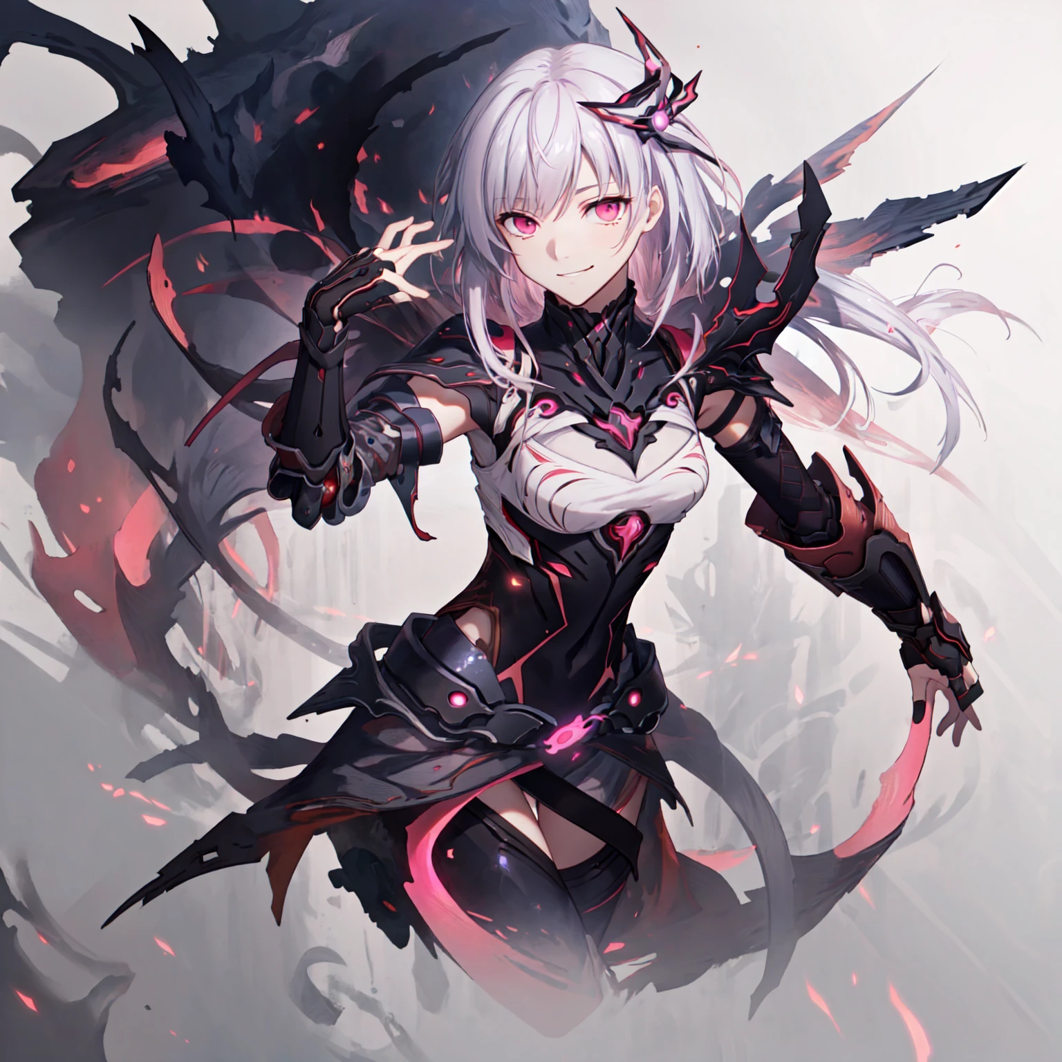 [(white background:0.9), ::2],1girl, solo, masterpiece, best quality, (extremely detailed CG unity 8k wallpaper), (best quality), (best illustration), (best shadow), absurdres, realistic lighting, (Abyss), beautiful detailed glow, anime, close up shot, dark sakura, pink eyes red eyes gradient eyes, white hair, herrscher, Herrscher of the Void, black armour, Honkai impact, smirk