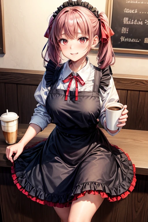 One adult woman,hair_Navy Blue,Twin tails,big tail,Cafe Waitress,apron_red,eye_pink,Lolita Fashion,uniform_red,Long dress_red,ストライプribbon,Frills,ribbon,Laughter,red面,Embarrassed face,Big ,cute,holding a coffee cup