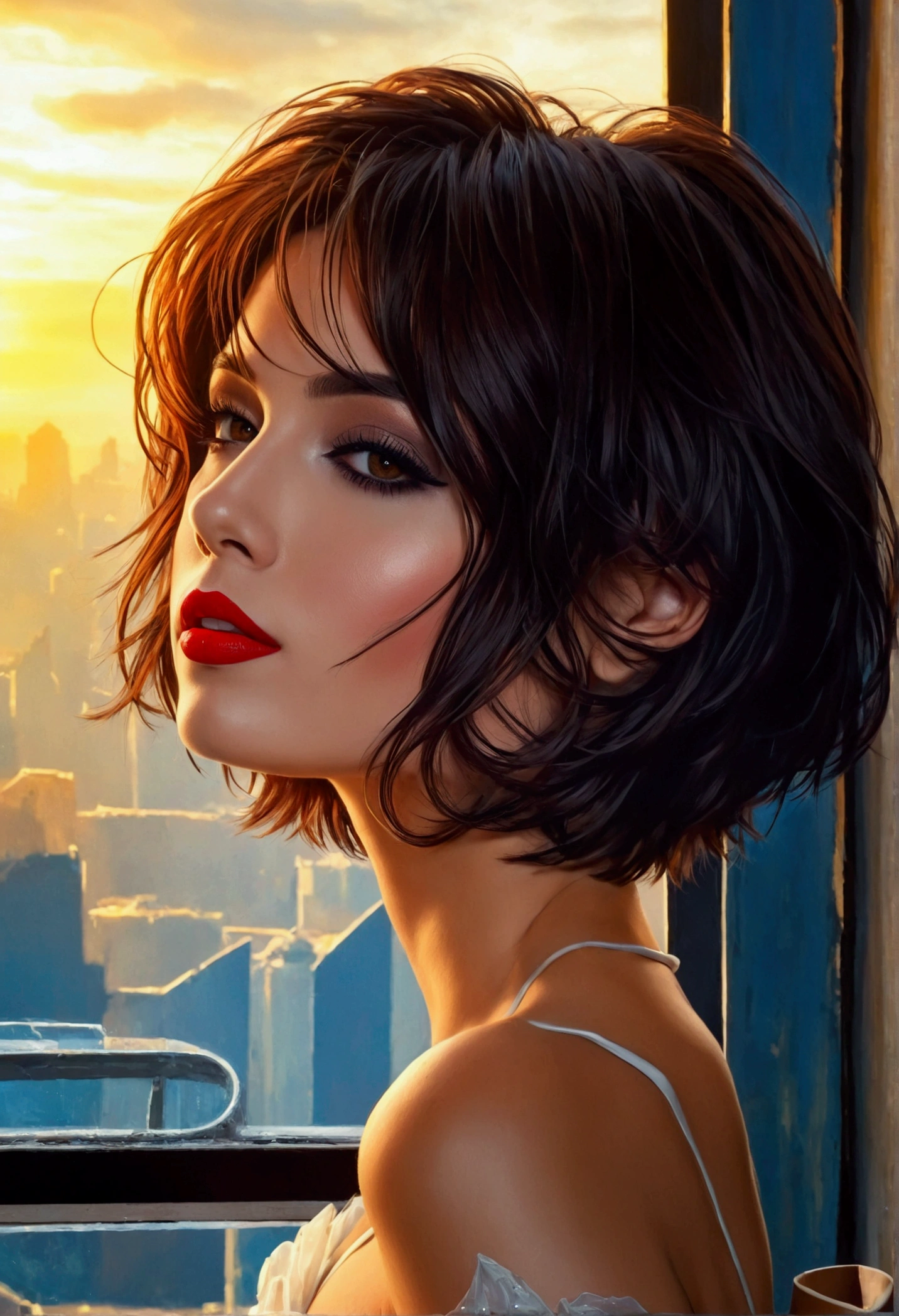 Sexy woman, short brown hair, middle part, lots of makeup, perfect red lips, nude,