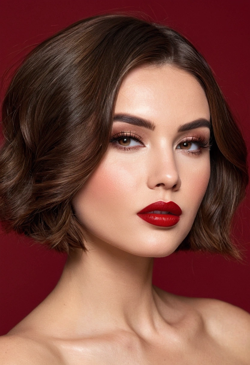 Sexy woman, short brown hair, middle part, lots of makeup, perfect red lips, nude, 