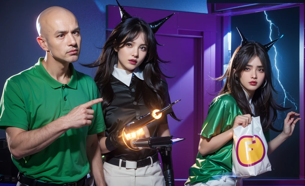 The image displays three characters in a dramatic, narrative-driven setting. On the left, a bald man in a green polo shirt gestures assertively. In the center, a character dressed in a dark, collared shirt with futuristic and gothic elements, including horn-like hair accessories and a robotic arm holding a glowing gun, contributes a sci-fi touch. To the right, another character in a similar style but with a distressed expression clutches a bag marked with a bold "F," hinting at a thematic element of failure or defeat. The vivid blue and purple background, along with dramatic lightning, intensifies the scene, suggesting a confrontation or significant story moment. The overall composition of the image is both eye-catching and charming, effectively conveying a sense of joy and creativity.ffects render, (glossy plastic texture with multiple big light probe refractions), perfect cgi, smooth silhouette, high intensity refraction, (super glossy plastic material), most beautiful vfx, , realistic, 4k, high resolution, rim light, smooth 3d model, multiple light sources, rim light, sharp post effects render,, realistic, 4k, high resolution, rim light detailed digital art, reflective, best quality, 4k, masterpiece:1.2, ultra-detailed, realistic, vivid colors, The image of the highest quality, ensuring every detail showcased perfectly. It in 4k resolution, allowing viewers to immerse themselves in the richness of the colors and intricate details. The realistic rendering. under the spotlight, reflecting, high-resolution image, realistic rendering