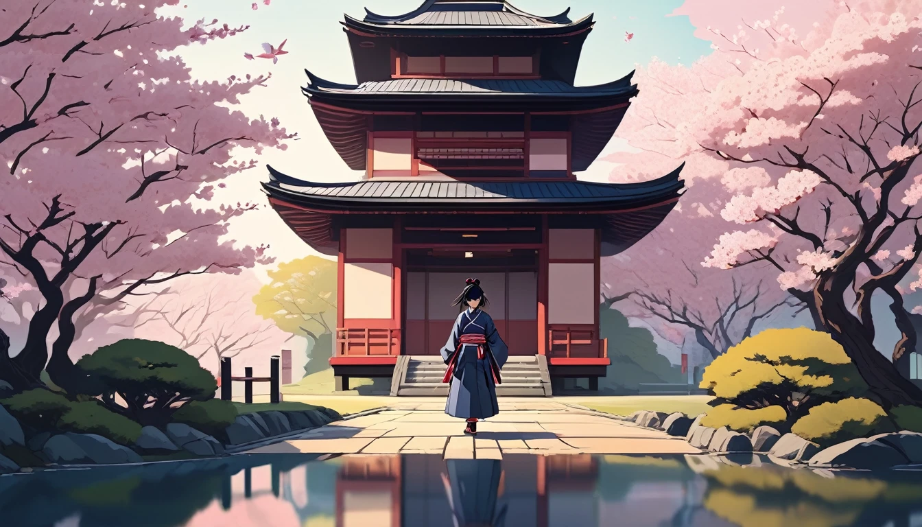 Female samurai,Background is cherry blossoms and a Japanese temple、 Wide-angle lens, Lofi Anime, Lofi illustration, Aesthetic atmosphere, Lo-Fi Style, Vector art, Flat Design, Simple shape, Warm tones, Pleasant atmosphere, Chill, In anime style, Digital drawing, Vector art, Vector logo for t-shirt printing, (Adorable:1.5), (small:1.4), (Playful:1.2), (soft:1.3), (Whimsical:1.1), masterpiece, Highest quality, 8K, Intricate details, grow, Celestial, Mysterious, Picturesque, amazing, Majestic, Magic, Fantasy art, Cover art, dream-like