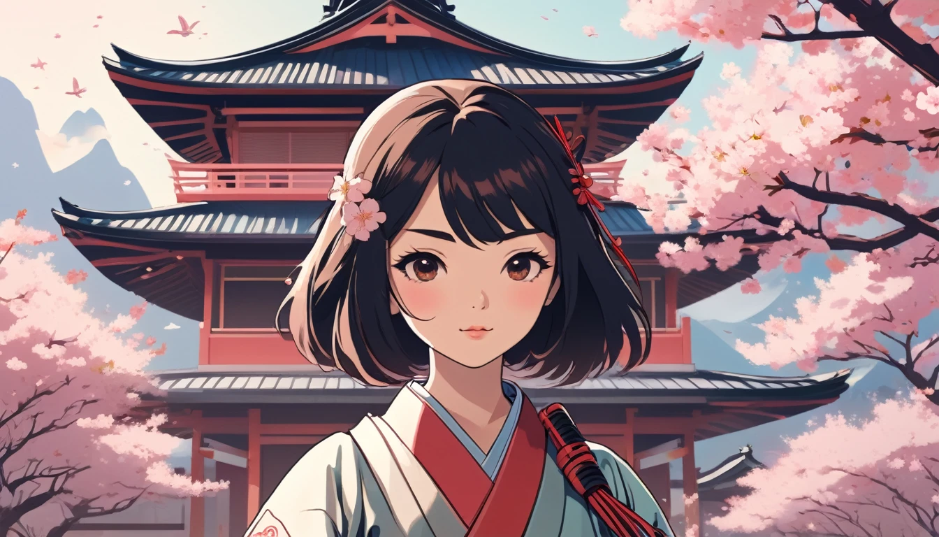 Female samurai,Background is cherry blossoms and a Japanese temple、 Wide-angle lens, Lofi Anime, Lofi illustration, Aesthetic atmosphere, Lo-Fi Style, Vector art, Flat Design, Simple shape, Warm tones, Pleasant atmosphere, Chill, In anime style, Digital drawing, Vector art, Vector logo for t-shirt printing, (Adorable:1.5), (small:1.4), (Playful:1.2), (soft:1.3), (Whimsical:1.1), masterpiece, Highest quality, 8K, Intricate details, grow, Celestial, Mysterious, Picturesque, amazing, Majestic, Magic, Fantasy art, Cover art, dream-like