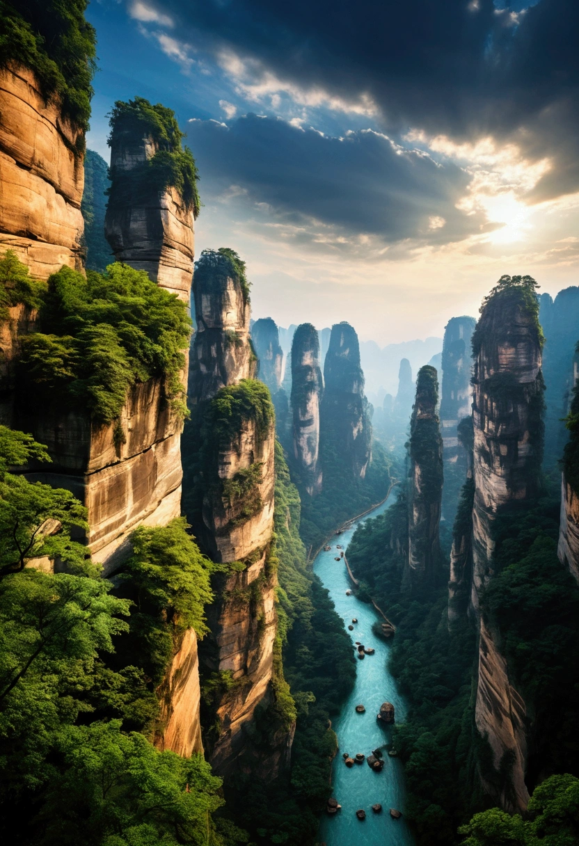 masterpiece,Ultimate Quality,CG Unity 8k Wallpaper,Very delicate,Beautiful sky and clouds,Zhangjiajie natural scenery,Steep cliff,Lakes and Rivers,Waterfall,Aoyama is beautiful,Nowhere to be found,Amazing view,Photo contests that have been won for many years,Background blur,Depth of field is perfect,HDR High Dynamics,True Restoration,Attention to detail,dramatic,Perfectly captures the Mid-Journey artistic style,Low Perspective