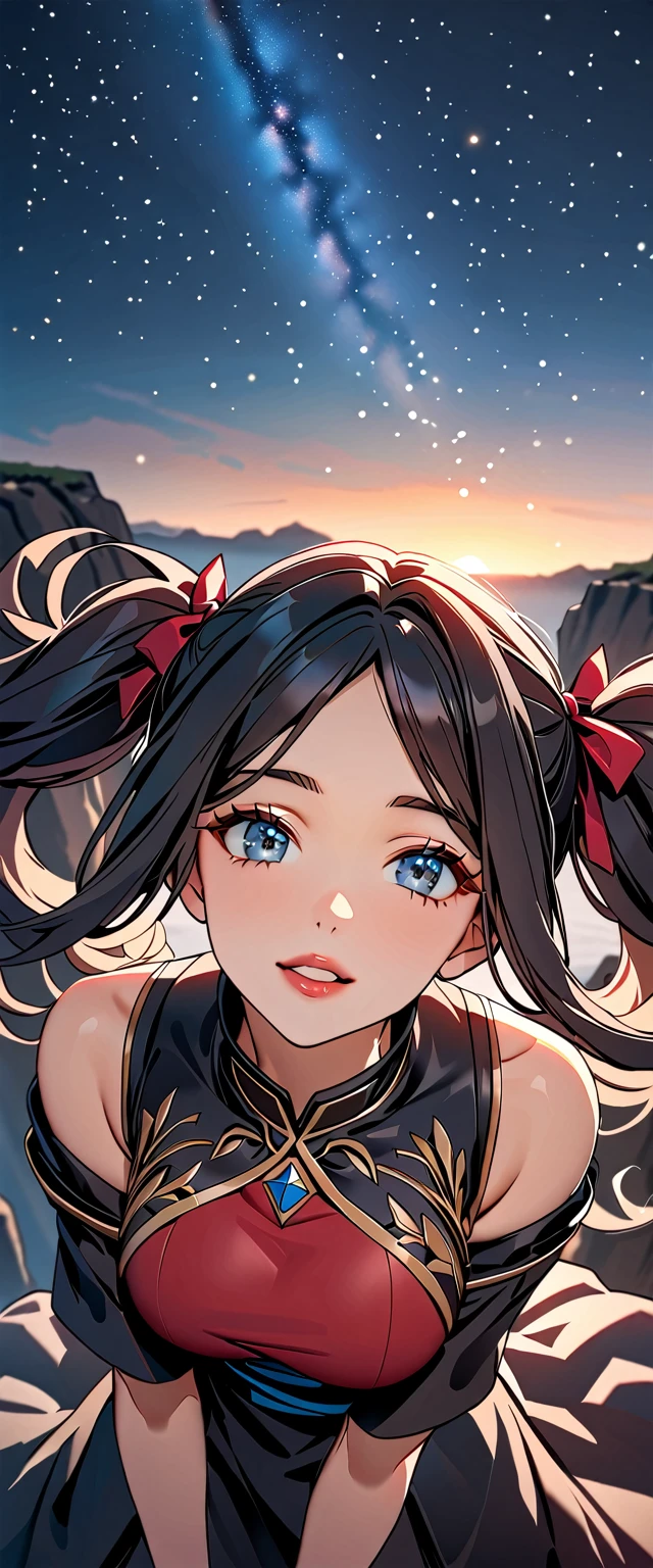 Photo of a woman with natural skin, ((Upper Body)), Dynamic pose, laughing, She has black hair in twin tails with red mesh, Sharp eyes with blue eyeshadow, Shining eyes, A thin, upturned nose, Well-shaped lips, ((Black shoulder dress, Decorated clothing)), Big Breasts, barefoot, Makeup, Exquisitely crafted with the utmost attention to detail, Vibrant, amazing, Smooth, Cinematic, 4K, Backlight, ((Atop a cliff with a beautiful starry sky, Cliff)), Shallow depth of field, ((Detailed eyes:1.3, Detailed lips:1.3, high quality, )), masterpiece, Super detailed images, High quality