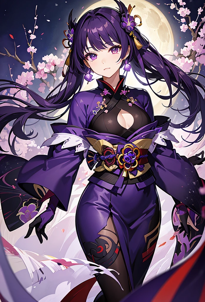 masterpiece, high-quality, 8k resolution, solo, 1 woman, dark violet hair, beauty mark, body suit under kimono, kanzashi, lavender kimono, tomoe decorations, obi, purple eyes, Genshin Impact Raiden Shogun, Ei,