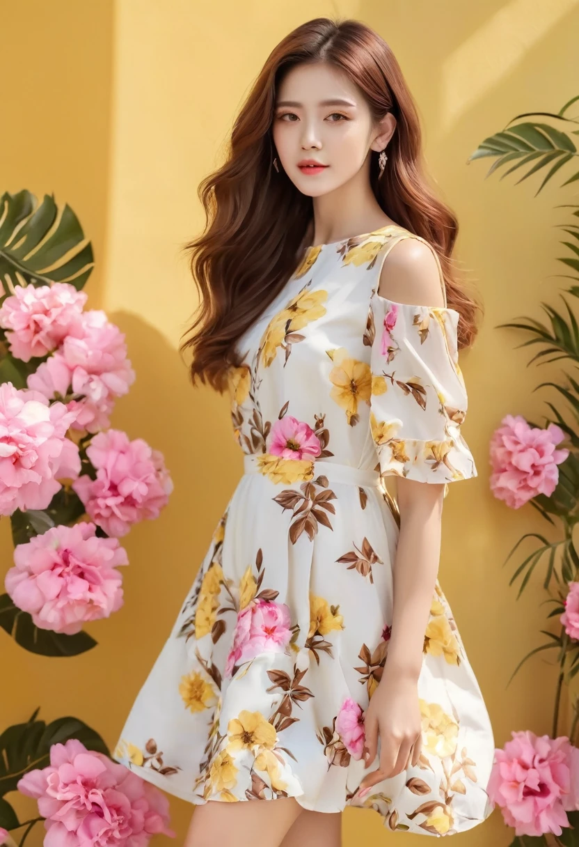 An image of a woman who calmly loves, Detailed medium brown hair, Bright yellow detailed eyes with long eyelashes, White short dress with pink floral print, Detailed brown high heel sandals. full body image. shoes foot