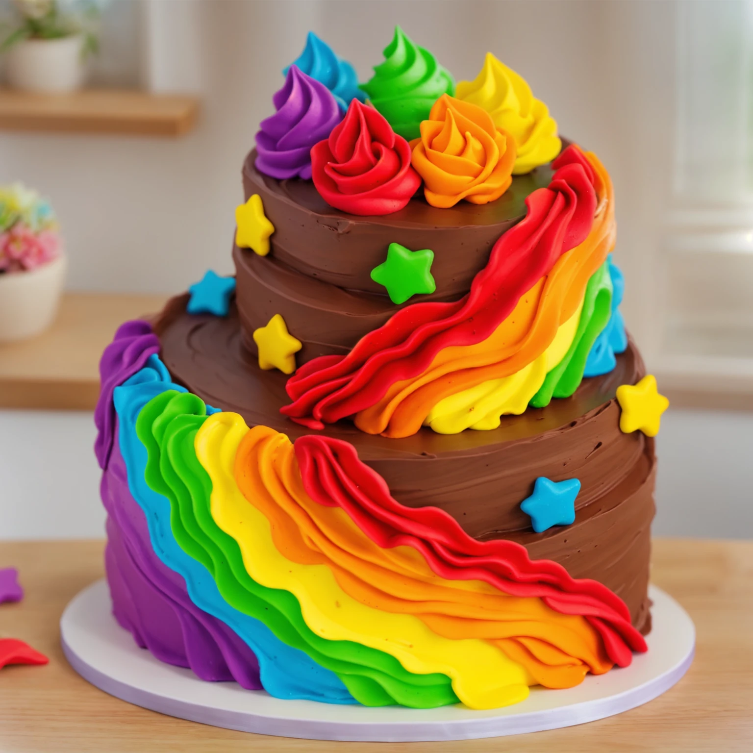 on a wooden table. there is a white plate. two-tier cake, chocolate cream cake, rainbow cream in the form of stitches, decorated with rainbow stars made of polymer clay, multi-colored cream on top, against the background of the kitchen, Beautiful light from the window, contour light, Multiple light sources, beautiful lighting, Bright light source, bright lighting, beautiful light sources, sunlight from the window behind, Realistic style , realistic texture, detailed texture, A high resolution, high quality,