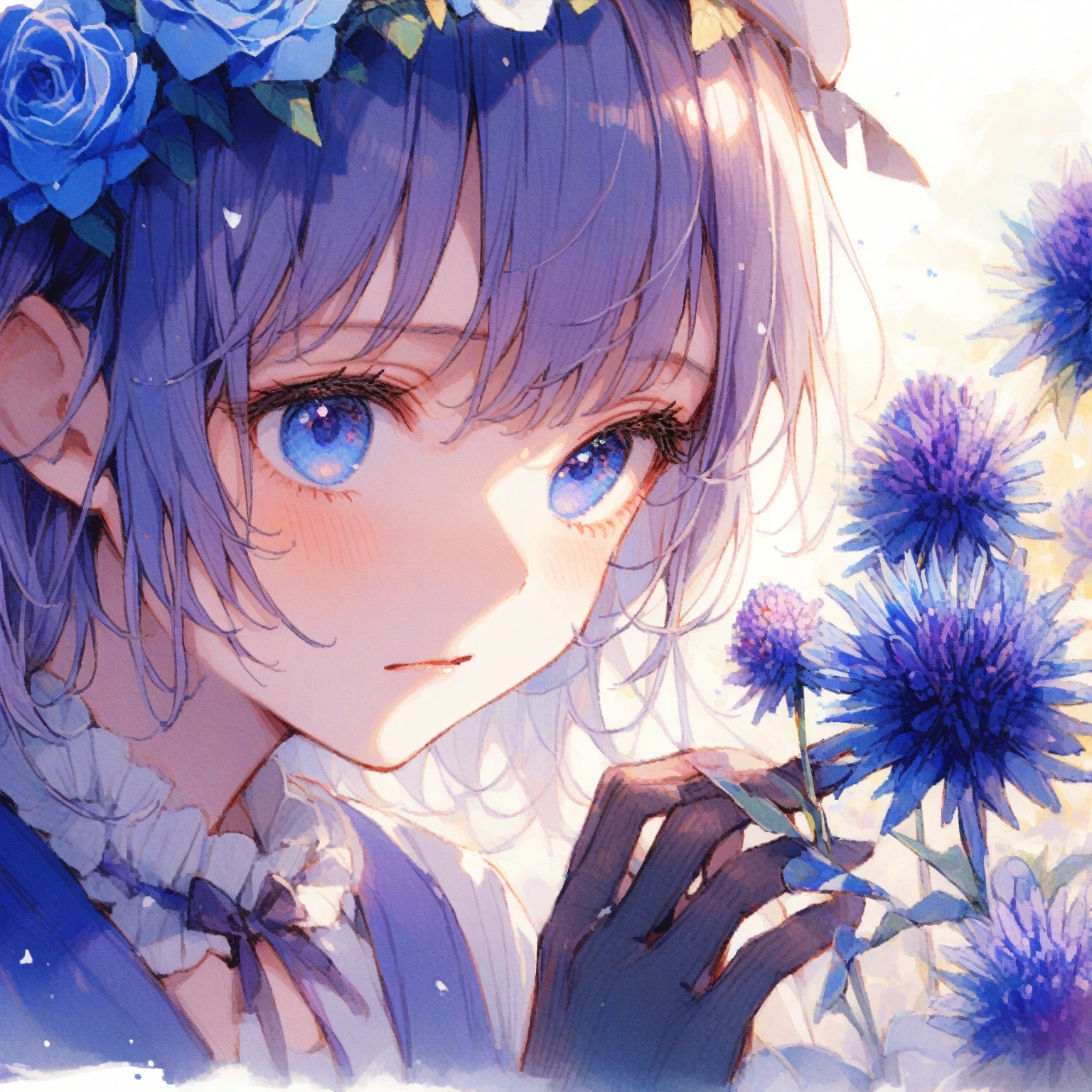 1girl、Blue-purple Echinops ritro、「sharpness」「Broken Hearts」、tearoist eyes、I squint my eyes as I reach out to touch the flower.、tegaki