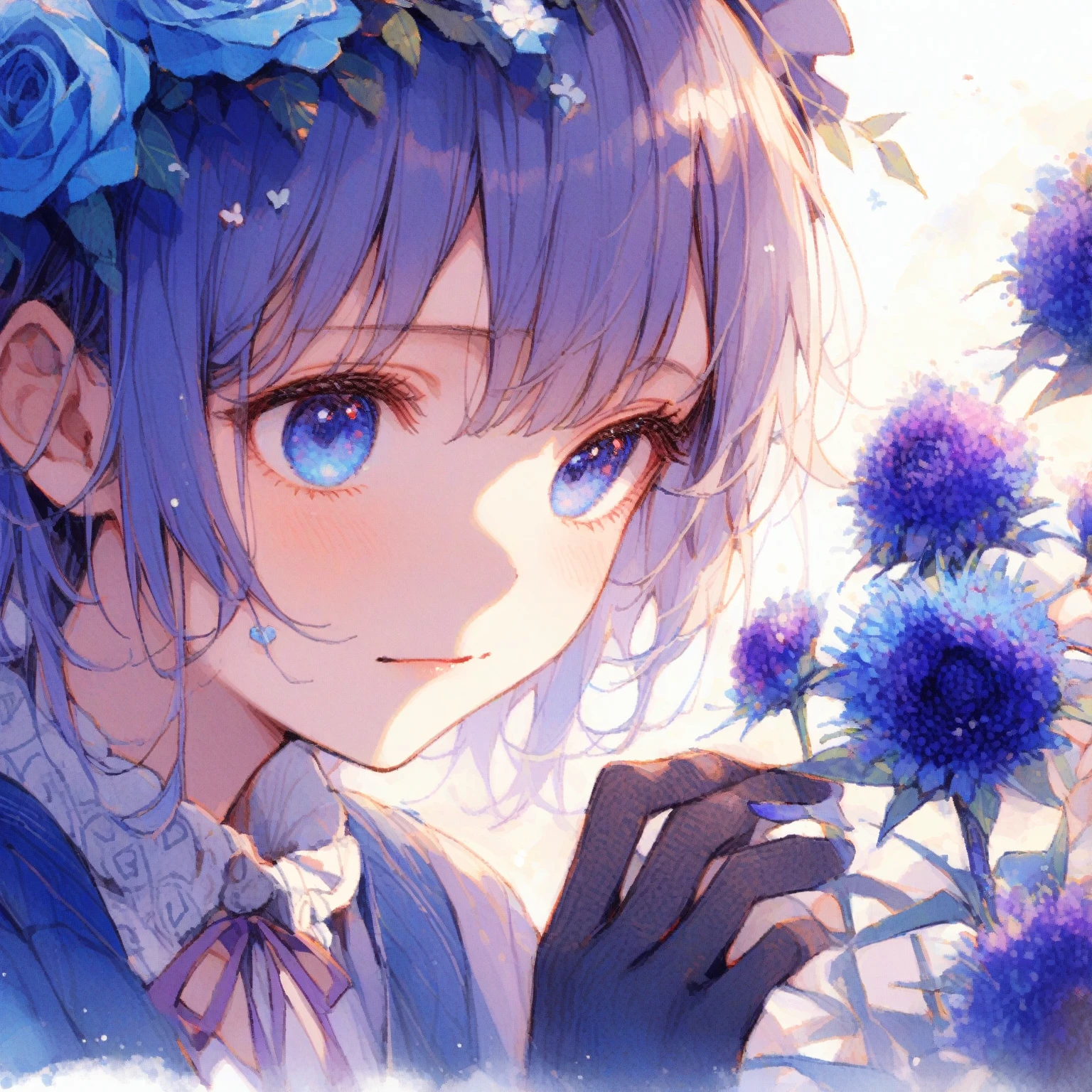 1girl、Blue-purple Echinops ritro、「sharpness」「Broken Hearts」、tearoist eyes、I squint my eyes as I reach out to touch the flower.、tegaki