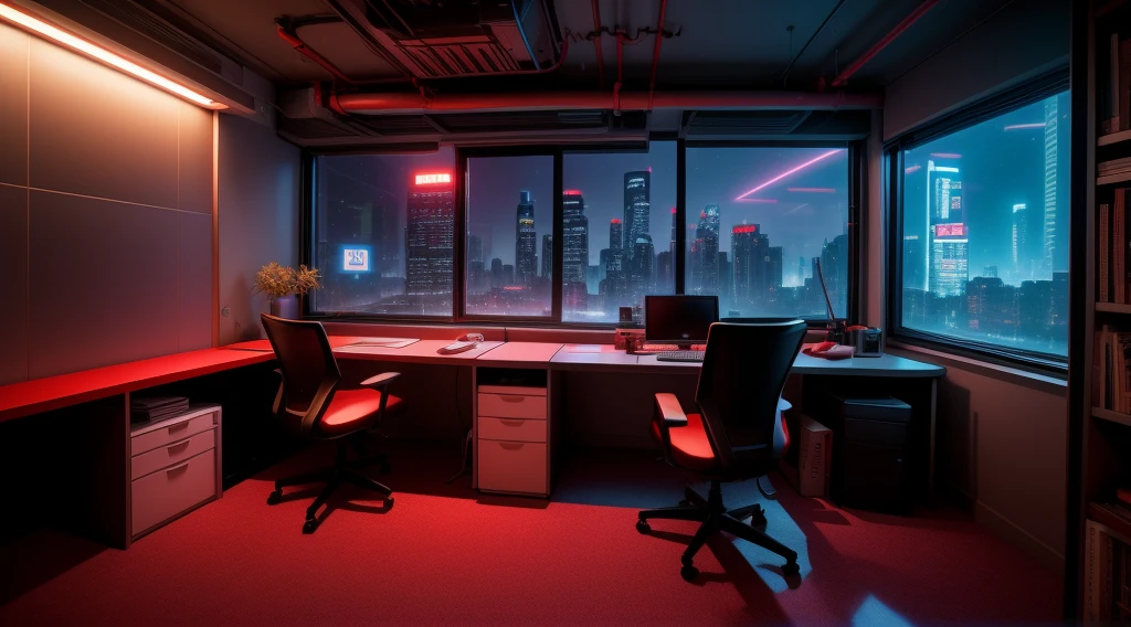 Warm light source Cyberpunk Calm night Tech bedroom Computer desk Microphone light Computer water dispenser Small fluorescent Starry sky Smooth floor Red fox Deconstructivism Fragmentation Gorgeous sculpture Floor-to-ceiling windows Light bed Camera chair Game interface Crimson Dark environment Ambilight