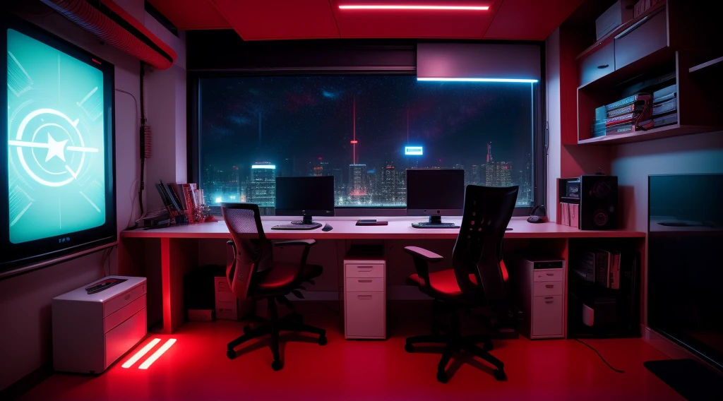 Warm light source Cyberpunk Calm night Tech bedroom Computer desk Microphone light Computer water dispenser Small fluorescent Starry sky Smooth floor Red fox Deconstructivism Fragmentation Gorgeous sculpture Floor-to-ceiling windows Light bed Camera chair Game interface Crimson Dark environment Ambilight