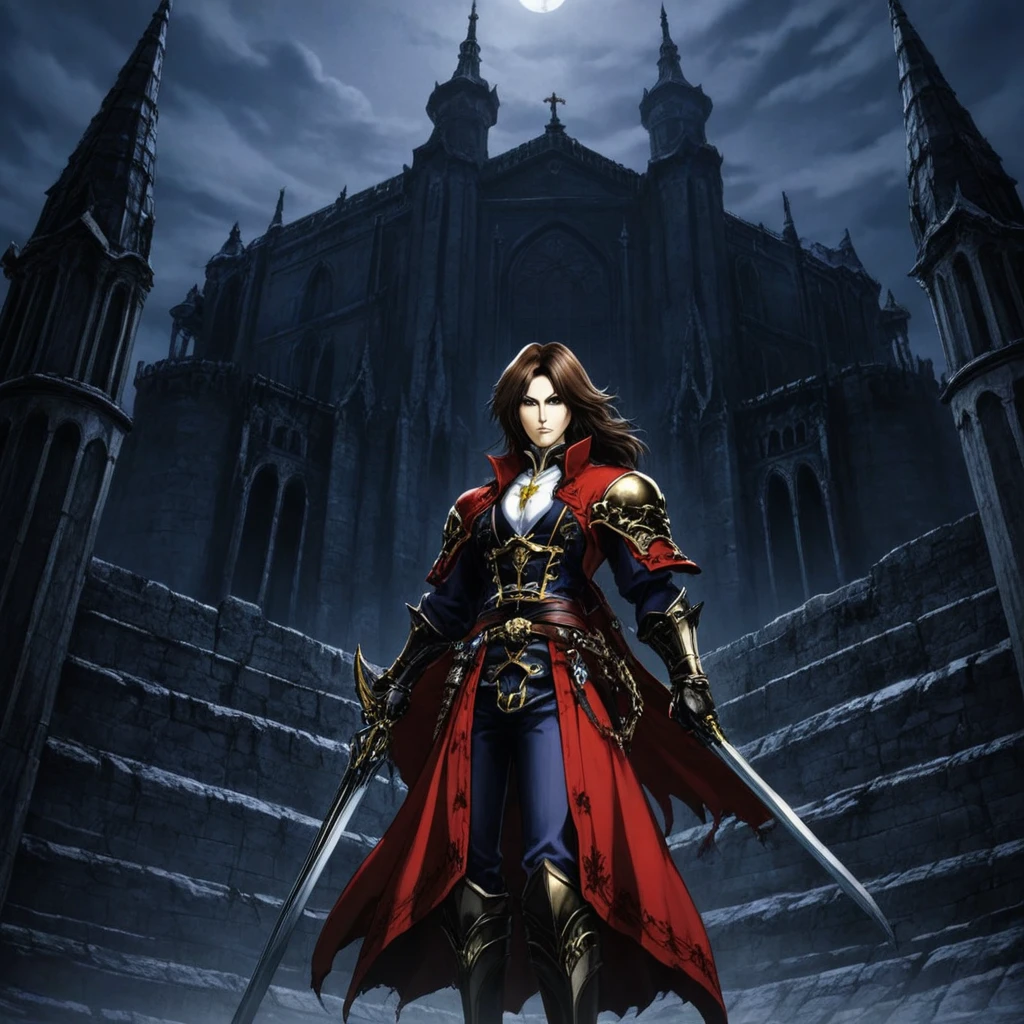 castlevania_ayami_kojima_xl, #game art #castlevania #Style #Illustration #Artwork #videogame #bishonen #trevor Trevor Belmont in a cyberpunk city looking at the camera