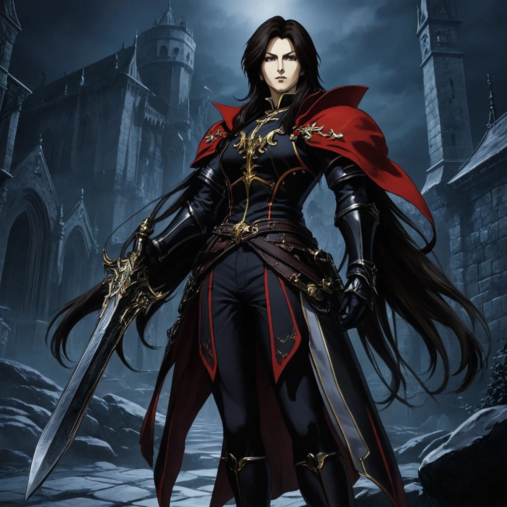 castlevania_ayami_kojima_xl, #game art #castlevania #Style #Illustration #Artwork #videogame #bishonen #trevor Trevor Belmont in a cyberpunk city looking at the camera 