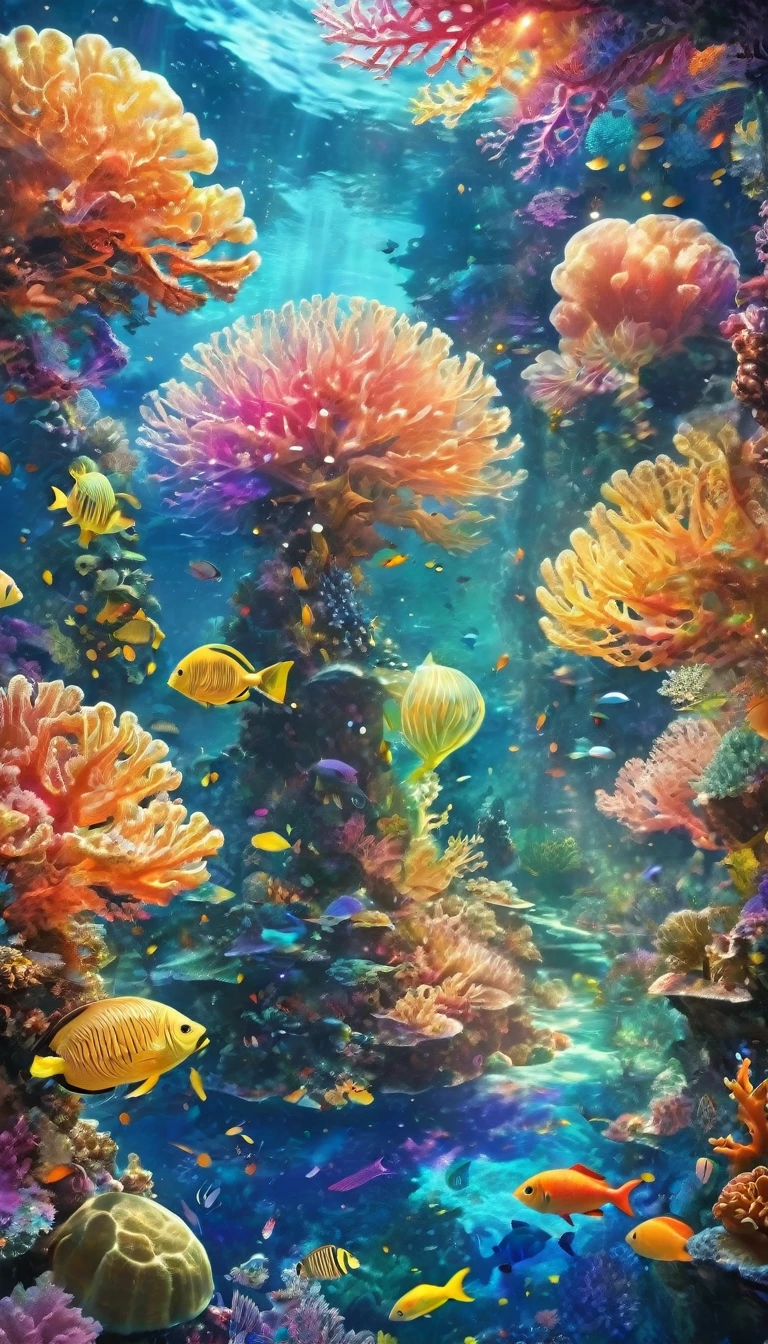 fractal,Shine,きらきらShine, Veera, Extremely small light-emitting quantum dots, Extraterrestrial、Many lanterns, conceptual art of marine life, Underwater scenery, Life at sea,Beautiful coral reefs come in many shapes, 3d,, fish, Female anime fantasy illustration. Long rainbow-colored hair scattered in the sea,Colorful hair colors、drift, Very harmonious. The painting as a whole adopts a messy and imaginative style.. The colors are bright and saturated, With smooth lines. The mystery and beauty of the sea, The painting depicts an underwater world full of life and vitality., Animation Art Wallpaper 8K、Shineサンゴ、Sea of night、Deep Sea World、Surprisingly many sparkling lights in the dark