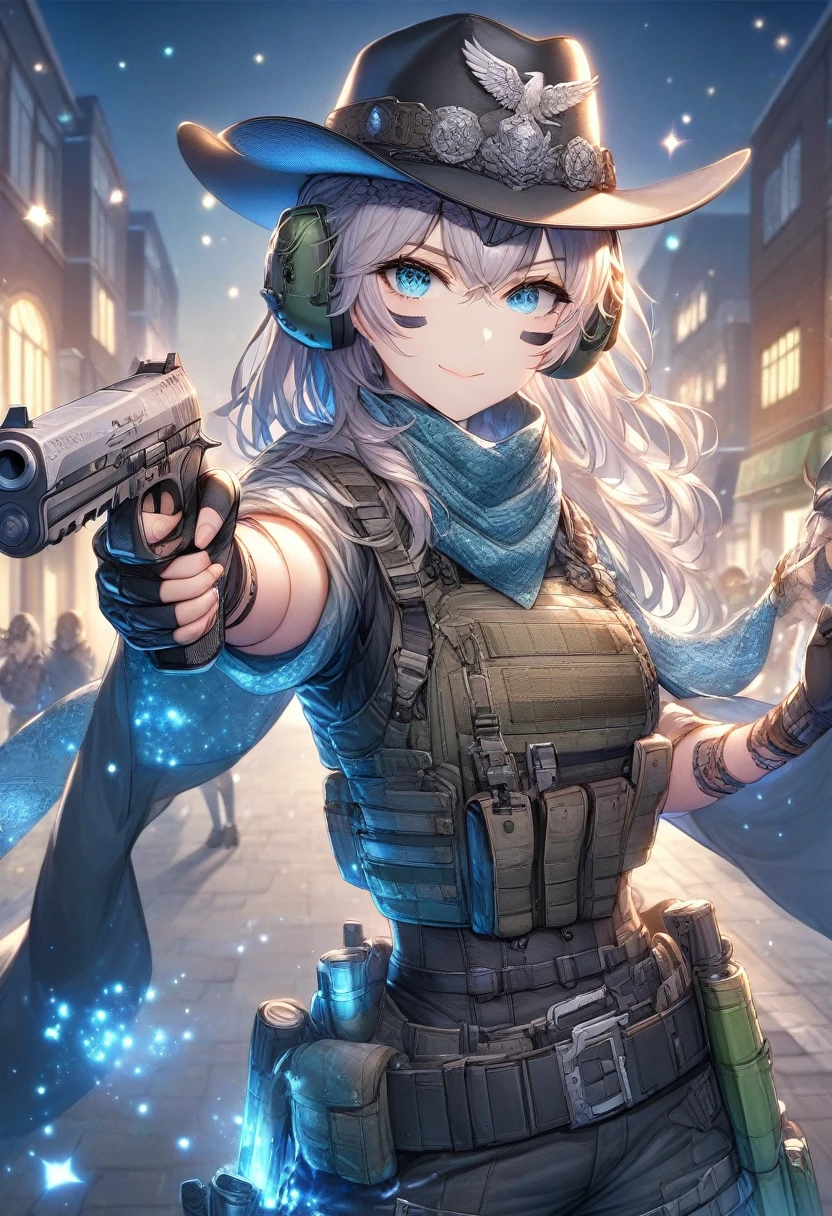 People Girls, Alisa Mikhailovna Kujo,Tomorrow, my friend, Arya-san, will be visiting Russia.,alone, Long Hair, Eyebrows visible through hair, Hair between the eyes, Silver Hair, Hair Ribbon, blue eyes, Medium chest, uniform、Holding a gun Looking at the viewer, Upper Body, Dutch Angle,Mouth closed, Close one eye, A light smile, Highest quality, so beautiful, Absurd,at night、aim at you