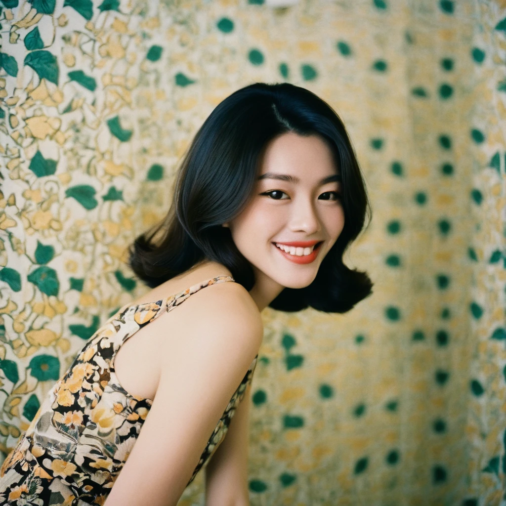 Close up portrait of a gorgeous young giggling blonde beautiful face Korean girls, still from the film, ((solo)), (Anne Hathaway look alike face: 0.9), in a vintage retro 60s print dress, wearing high heels, posing in front of a pretty 60s wallpaper pattern, Leica SL3, Summicron-SL 75 f/2 ASPH, kodak gold 200 film, bare shoulder, dynamic action pose,