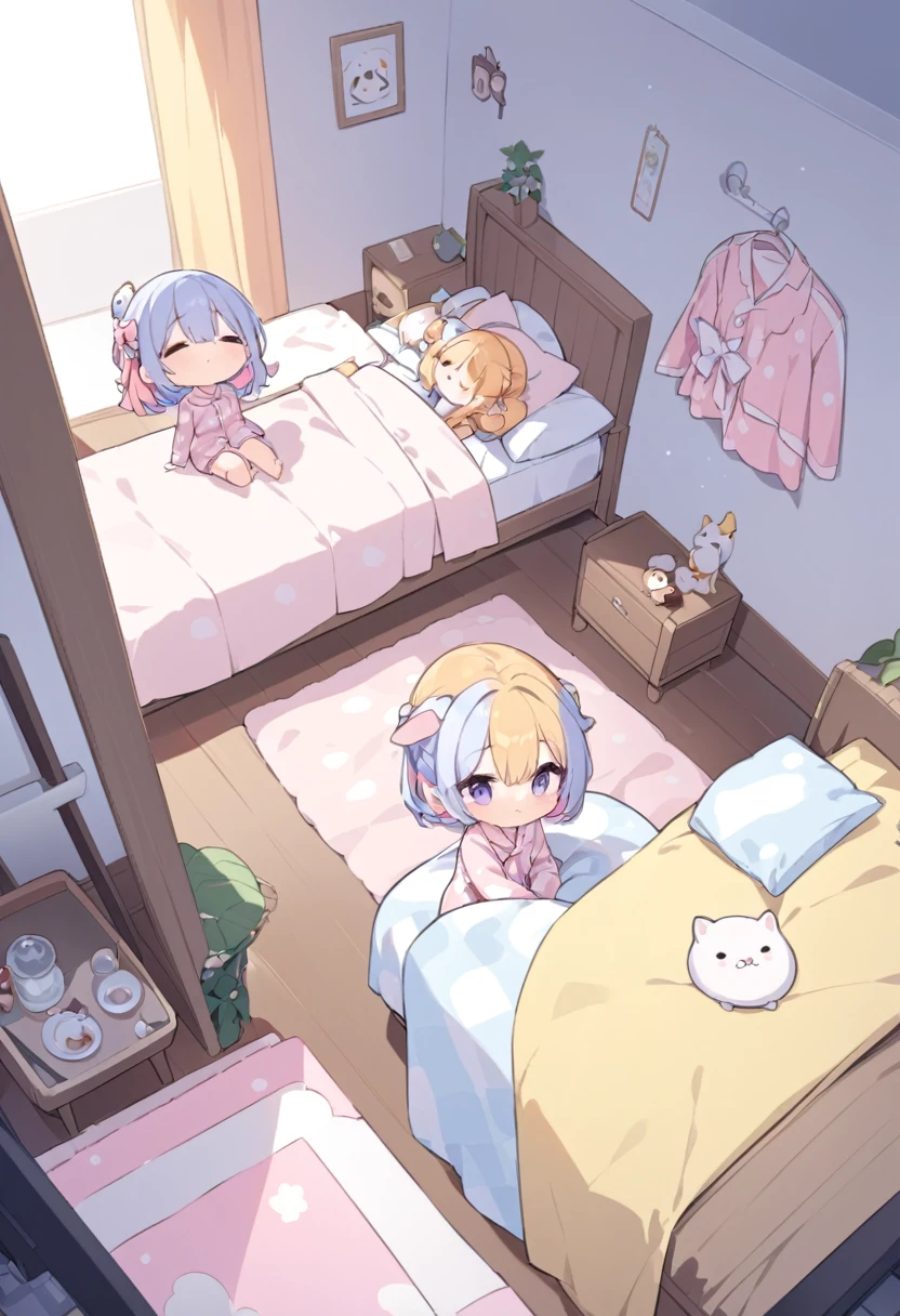 Mini character、、View here、Inside the room、pajamas、Pajamas、before sleep、Sit on the bed、