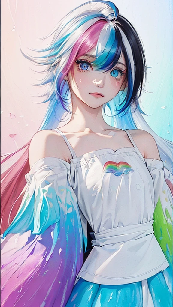 （Pink Fashion T-shirt：1.9），(Colorful hair: 1.8), (all the colours of the rainbow: 1.8),(((((vertical painting：1.6))), （painting：1.6），front, comics, illustrations, paintings, large eyes, crystal clear eyes,（ rainbow color gradient high ponytail：1.7）, exquisite makeup, closed mouth,(Small Fresh: 1.5),(Wipe Chest: 1.6) ，long eyelashes, white off shoulder T-shirt,  White Shoulder Shirt，looking at the audience, large watery eyes, (rainbow colored hair：1.6), color splash, （solo：1.8）, color splash, color explosion, thick paint style, messy lines, ((shining))，(colorful), (colorful), (colorful), colorful, Thick Paint Style, (Splash) (Color Splash), Vertical Painting, Upper Body, Paint Splash, Acrylic Pigment, Gradient, Paint, Highest Image Quality, Highest Quality, Masterpiece, Solo, Depth of Field, Face Paint,  colorful clothes, (Elegant: 1.2), gorgeous,long hair, wind, (Elegant: 1.3), (Petals: 1.4)，(((masterpiece))),(((best quality))),((ultra-detailed)),(illustration),(dynamic angle),((floating)),(paint),((disheveled hair)),(solo),(1girl) , (((detailed anima face))),((beautiful detailed face)),collar,bare shoulders,white hair, ((colorful hair)),((streaked hair)),beautiful detailed eyes,(Gradient color eyes),(((colorful eyes))),(((colorful background))),(((high saturation))),(((surrounded by colorful splashes))),