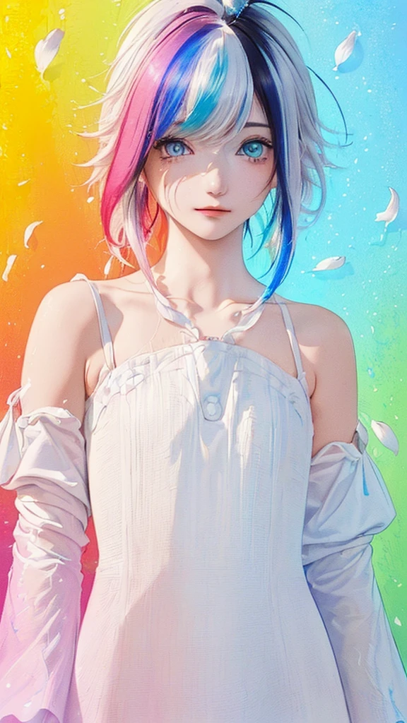(Pink Fashion T-shirt:1.9),(Colorful hair: 1.8), (all the colours of the rainbow: 1.8),(((((vertical painting:1.6))), (painting:1.6),front, comics, illustrations, paintings, large eyes, crystal clear eyes,( rainbow color gradient high ponytail:1.7), exquisite makeup, closed mouth,(Small Fresh: 1.5),(Wipe Chest: 1.6) ,long eyelashes, white off shoulder T-shirt, White Shoulder Shirt,looking at the audience, large watery eyes, (rainbow colored hair:1.6), color splash, (solo:1.8), color splash, color explosion, thick paint style, messy lines, ((shining)),(colorful), (colorful), (colorful), colorful, Thick Paint Style, (Splash) (Color Splash), Vertical Painting, Upper Body, Paint Splash, Acrylic Pigment, Gradient, Paint, Highest Image Quality, Highest Quality, Masterpiece, Solo, Depth of Field, Face Paint, colorful clothes, (Elegant: 1.2), gorgeous,long hair, wind, (Elegant: 1.3), (Petals: 1.4),(((masterpiece))),(((best quality))),((ultra-detailed)),(illustration),(dynamic angle),((floating)),(paint),((disheveled hair)),(solo),(1girl) , (((detailed anima face))),((beautiful detailed face)),collar,bare shoulders,white hair, ((colorful hair)),((streaked hair)),beautiful detailed eyes,(Gradient color eyes),(((colorful eyes))),(((colorful background))),(((high saturation))),(((surrounded by colorful splashes))),