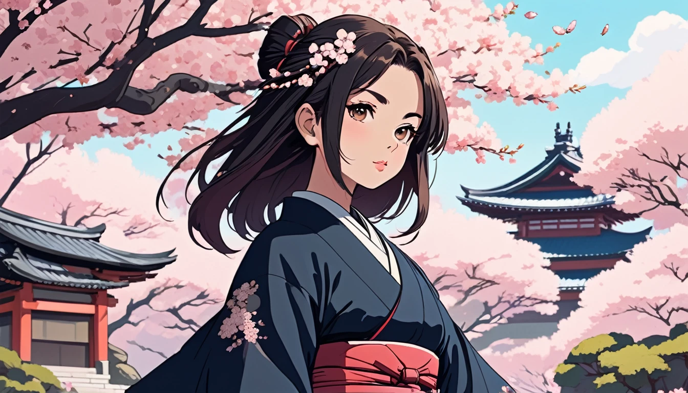 Female samurai,Background is cherry blossoms and a Japanese temple、 Wide-angle lens, Lofi Anime, Lofi illustration, Aesthetic atmosphere, Lo-Fi Style, Vector art, Flat Design, Simple shape, Warm tones, Pleasant atmosphere, Chill, In anime style, Digital drawing, Vector art, Vector logo for t-shirt printing, (Adorable:1.5), (small:1.4), (Playful:1.2), (soft:1.3), (Whimsical:1.1), masterpiece, Highest quality, 8K, Intricate details, grow, Celestial, Mysterious, Picturesque, amazing, Majestic, Magic, Fantasy art, Cover art, dream-like