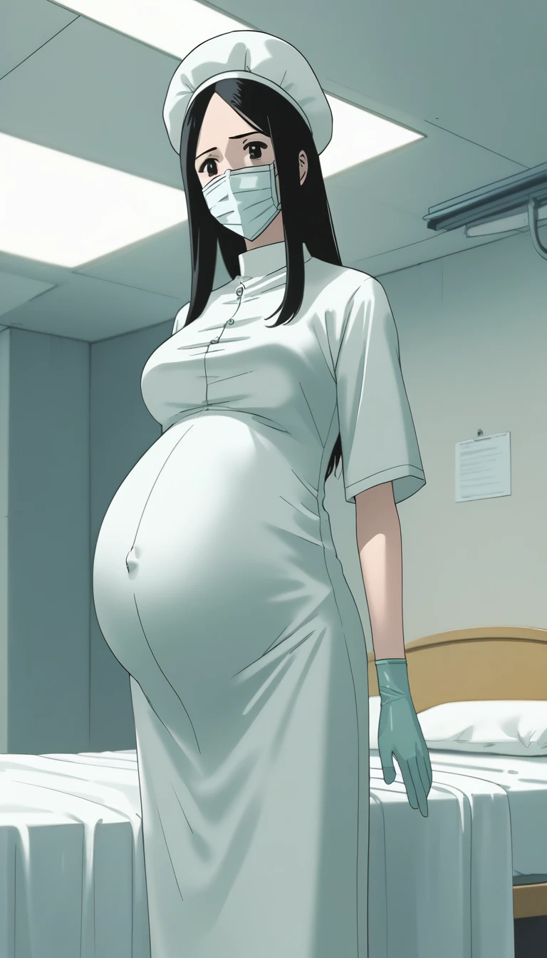 score_9,  score_8_up, score_7_up, source_anime, raw image, masterpiece, highest quality, kasuganoray, pale skin, shy eyes, long black hair, big breasts, scrubs, surgical mask, bouffant cap, long sleeve maternity dress, seamless, navel head, long white stockings,
1girl, pregnant, solo, long rubber gloves, looking down, furrowed brow, hospital bed, light shines from the ceiling, standing, patient room background, lying on a sick bed,