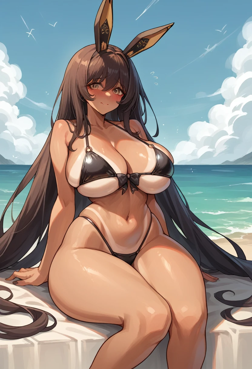 score_9, score_8_up, score_7_up, beach background, source_anime, (1girl, solo, solo focus), noir, huge breasts, wide hips, narrow waist, thick thighs, very long hair, tan, blush, shy, light smile, rabbit ears, bikini